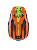 Alpinestars S-M3 Fray Helm, Motocross-Helm, Orange und Neongelb mit schwarzen Akzenten, Draufsicht mit aerodynamischer Schale und Helmschirm mit Alpinestars-Logo, lebendiges Grafikdesign für Offroad-Einsätze