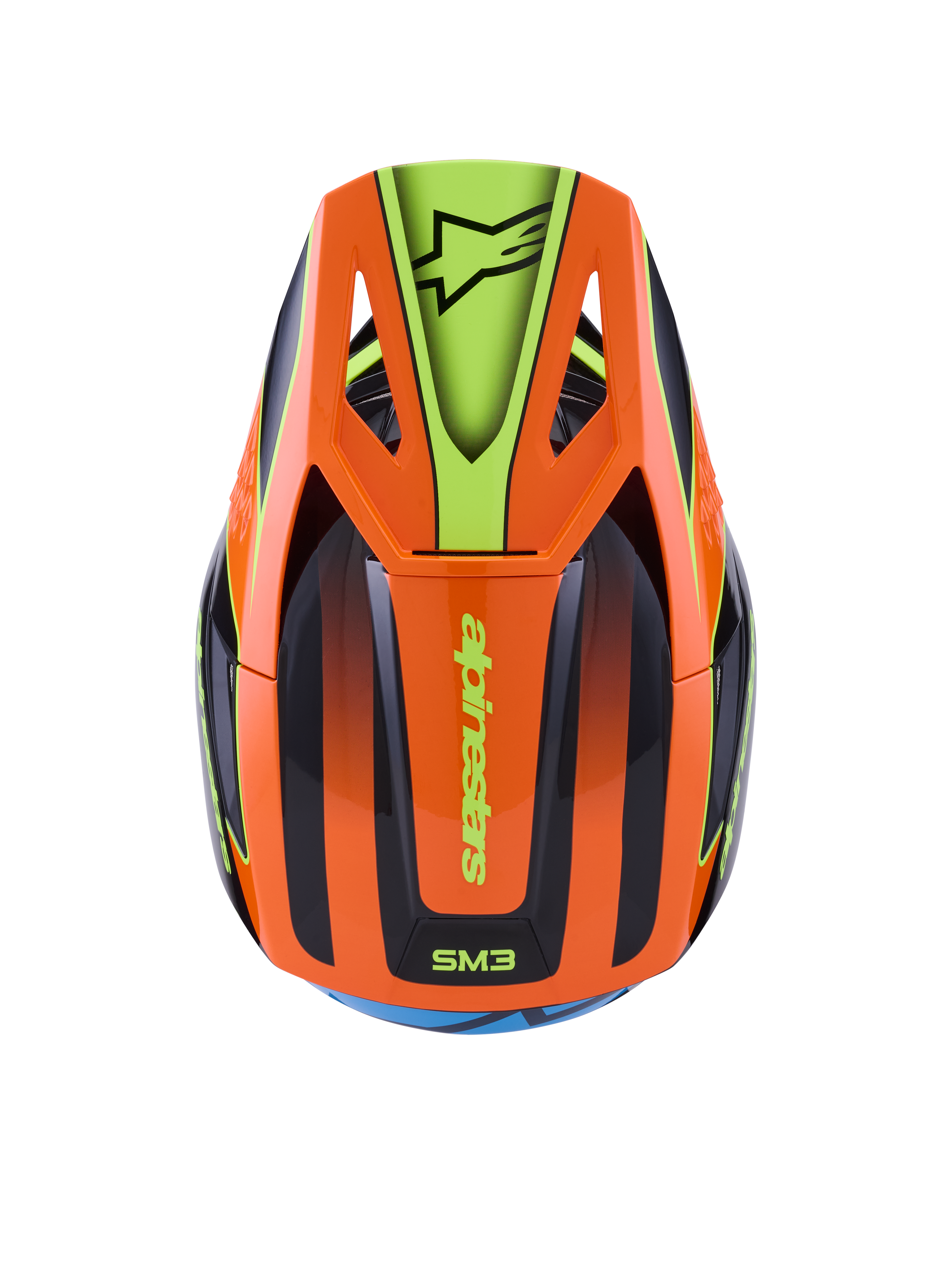 Alpinestars S-M3 Fray Helm, Motocross-Helm, Orange und Neongelb mit schwarzen Akzenten, Draufsicht mit aerodynamischer Schale und Helmschirm mit Alpinestars-Logo, lebendiges Grafikdesign für Offroad-Einsätze