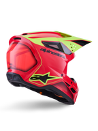 Alpinestars S-M3 Fray Helm ECE 22.06, Motocross-Helm, Rot Gelb Fluo Schwarz Glänzend, Dreiviertel-Rückansicht mit aerodynamischer Schale, mehreren Belüftungsöffnungen, neongelben Grafiken und markantem schwarzem Alpinestars-Logo.