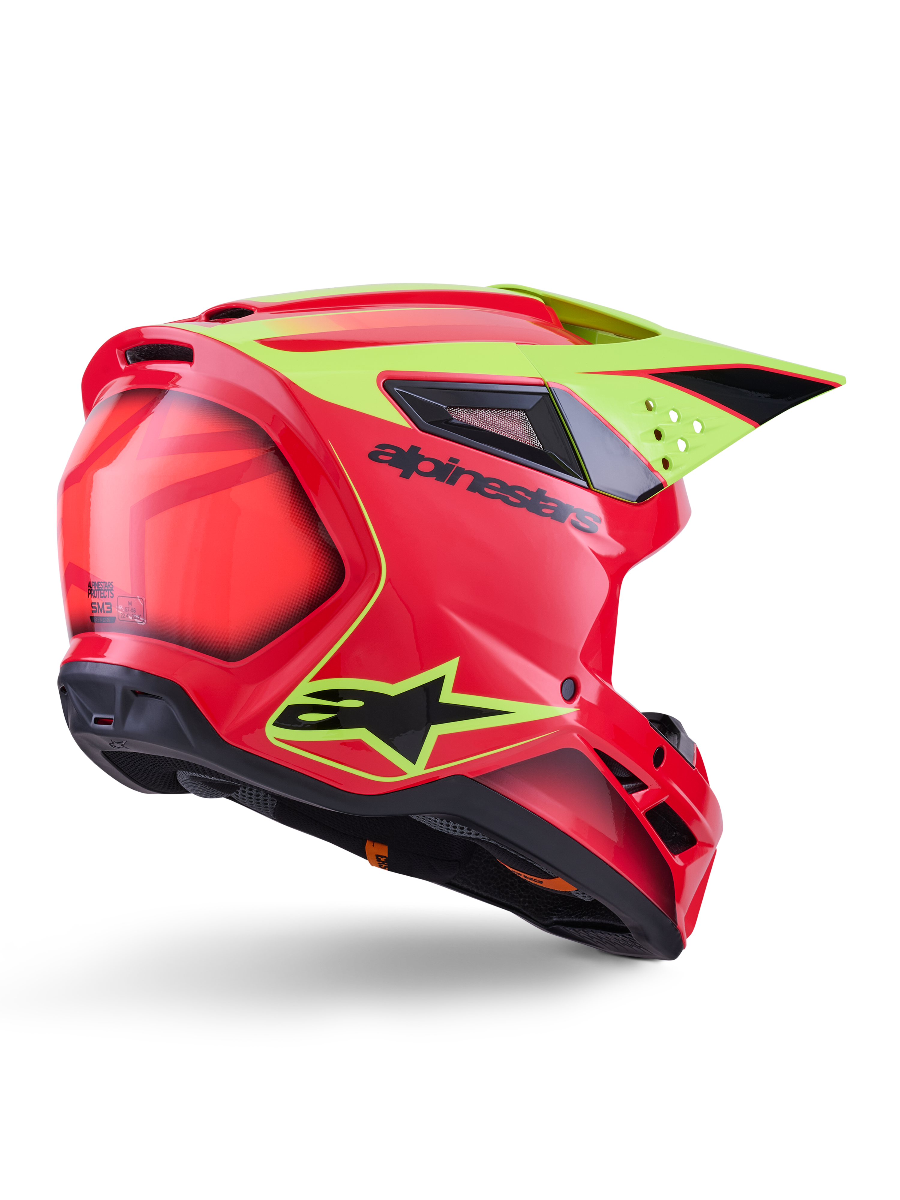 Alpinestars S-M3 Fray Helm ECE 22.06, Motocross-Helm, Rot Gelb Fluo Schwarz Glänzend, Dreiviertel-Rückansicht mit aerodynamischer Schale, mehreren Belüftungsöffnungen, neongelben Grafiken und markantem schwarzem Alpinestars-Logo.