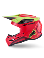 Alpinestars S-M3 Fray Helm ECE 22.06, Motocross-Helm, Rot, Neongelb und Schwarz glänzend, Seitenansicht, mit einer aerodynamischen thermogespritzten Schale mit mehreren Belüftungsöffnungen, schwarzem Alpinestars-Branding und neongelbem Stern-Logo, Hochleistungs-Kopfschutz für den Offroad-Sport.