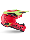 Alpinestars S-M3 Fray Helm ECE 22.06, Motocross-Helm, Rot, Gelb Fluo und Schwarz glänzend, Seitenansicht mit aerodynamischer Schale, mehreren Belüftungsöffnungen, markantem schwarzem Branding und auffälligem gelbem Visier