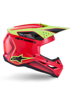 Alpinestars S-M3 Fray Helm ECE 22.06, Motocross-Helm, Rot, Gelb Fluo und Schwarz glänzend, Seitenansicht mit aerodynamischer Schale, mehreren Belüftungsöffnungen, markantem schwarzem Branding und auffälligem gelbem Visier