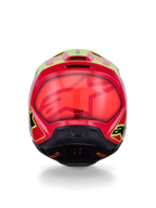 Alpinestars S-M3 Fray Helm ECE 22.06, Motocross-Helm, Rot-Gelb-Fluo-Schwarz glänzend, Rückansicht mit glänzender aerodynamischer Schale, markanten Grafiken in Rot und Fluorgelb, integrierten Belüftungsöffnungen und Branding zur Sicherheitszertifizierung