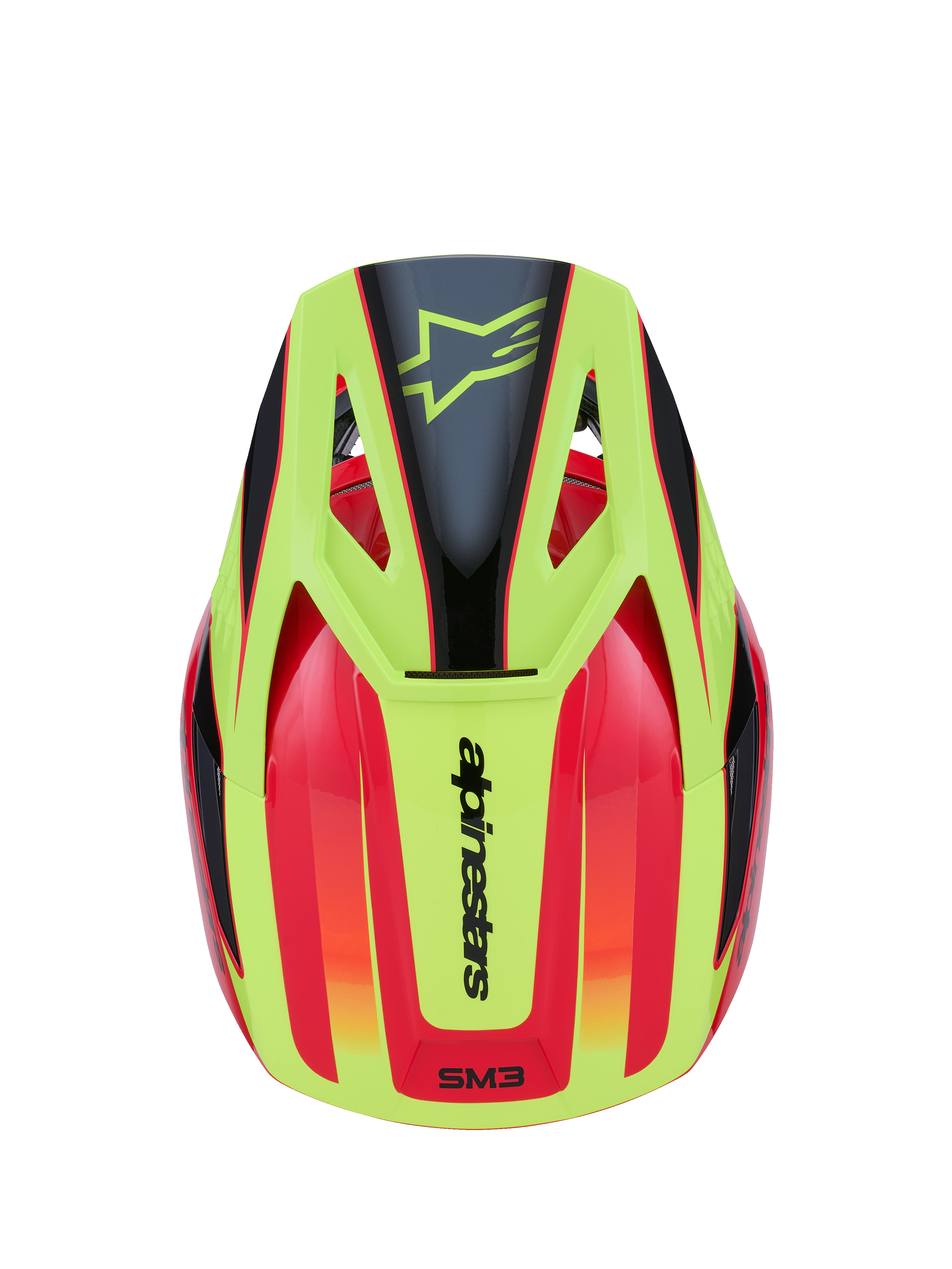 Alpinestars S-M3 Fray Helm, Motocross-Helm, Rot, Neongelb und Schwarz glänzend, Draufsicht mit lebendigem Grafikdesign, schwarzem Stern-Logo auf dem gelben Schirm und Alpinestars-Schriftzug auf der Rückseite