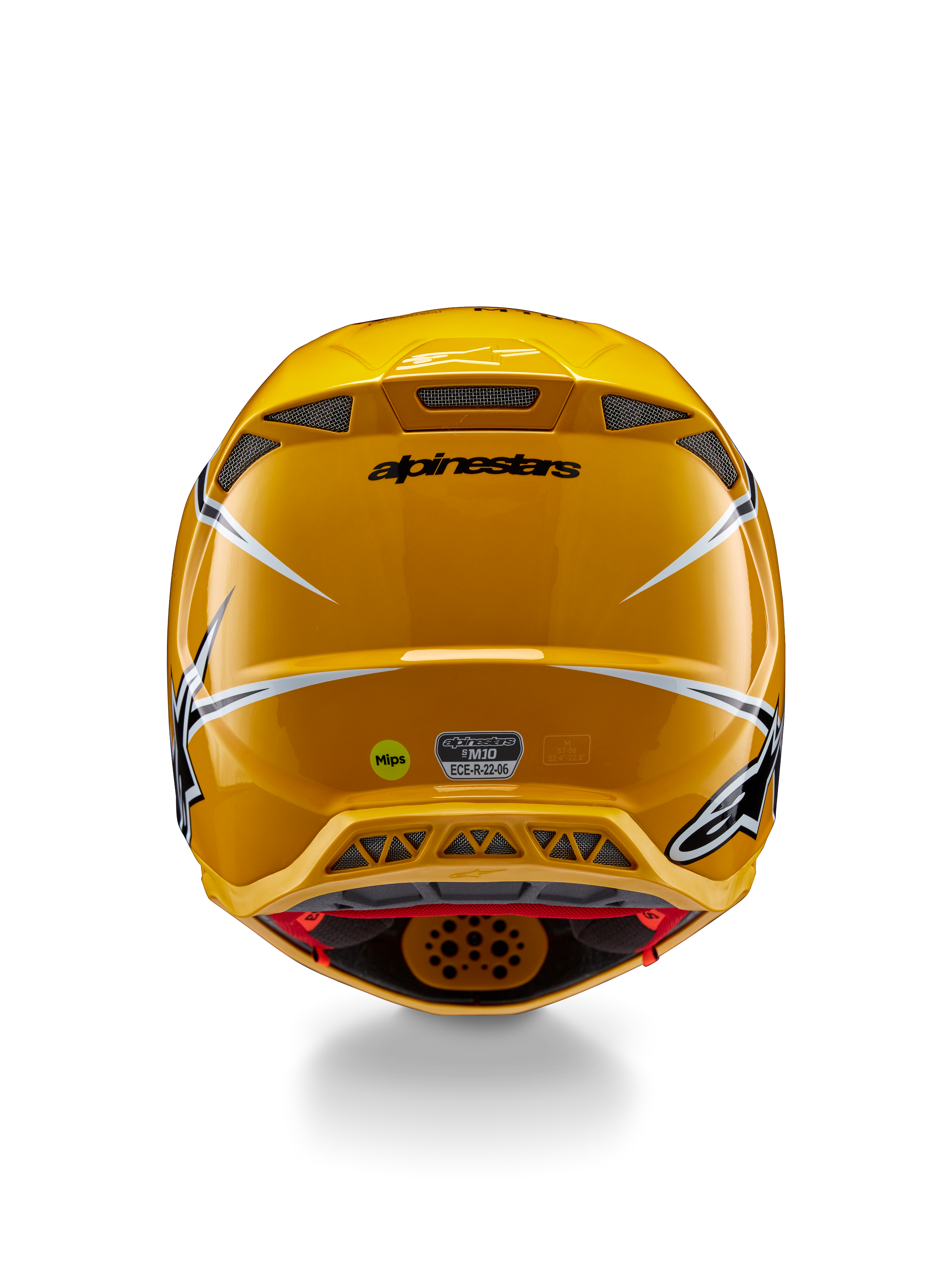 Alpinestars Supertech M10 Ampress Helmet, Rear view, Glossy Yellow with black and white accents, featuring rear exhaust vents, MIPS and ECE 22.06 stickers, professional motocross head protection