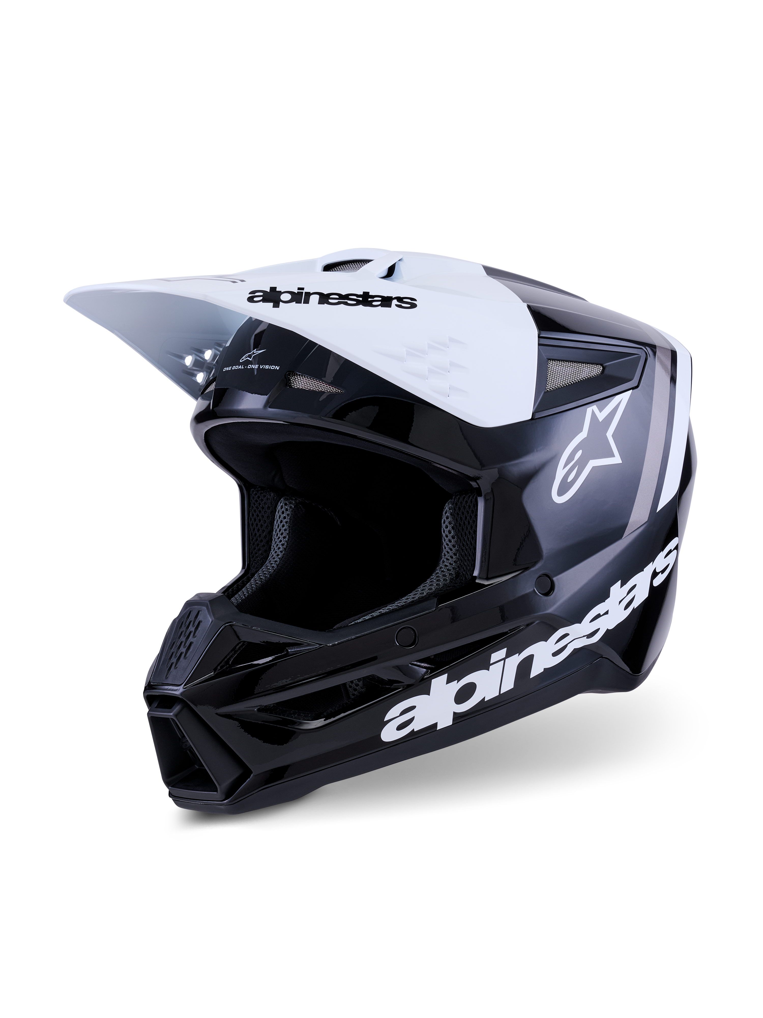 Alpinestars S-M3 Radium Helm, Motocross-Helm, Schwarz, Weiß und Grau glänzend, weißes Visier mit schwarzem Branding, glänzend schwarze Schale mit markanten weißen Alpinestars-Logos und grauen Grafikakzenten, aerodynamisches Design für Offroad-Rennen