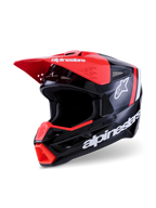 Alpinestars S-M3 Radium Helm, Motocross-Helm, Schwarz, Fluo-Rot und Weiß glänzend, Hochglanz-Finish mit markantem weißem Alpinestars-Branding und Stern-Logo, mit leuchtend rotem Helmschild und Kinnbelüftung, entwickelt für den Offroad-Schutz.