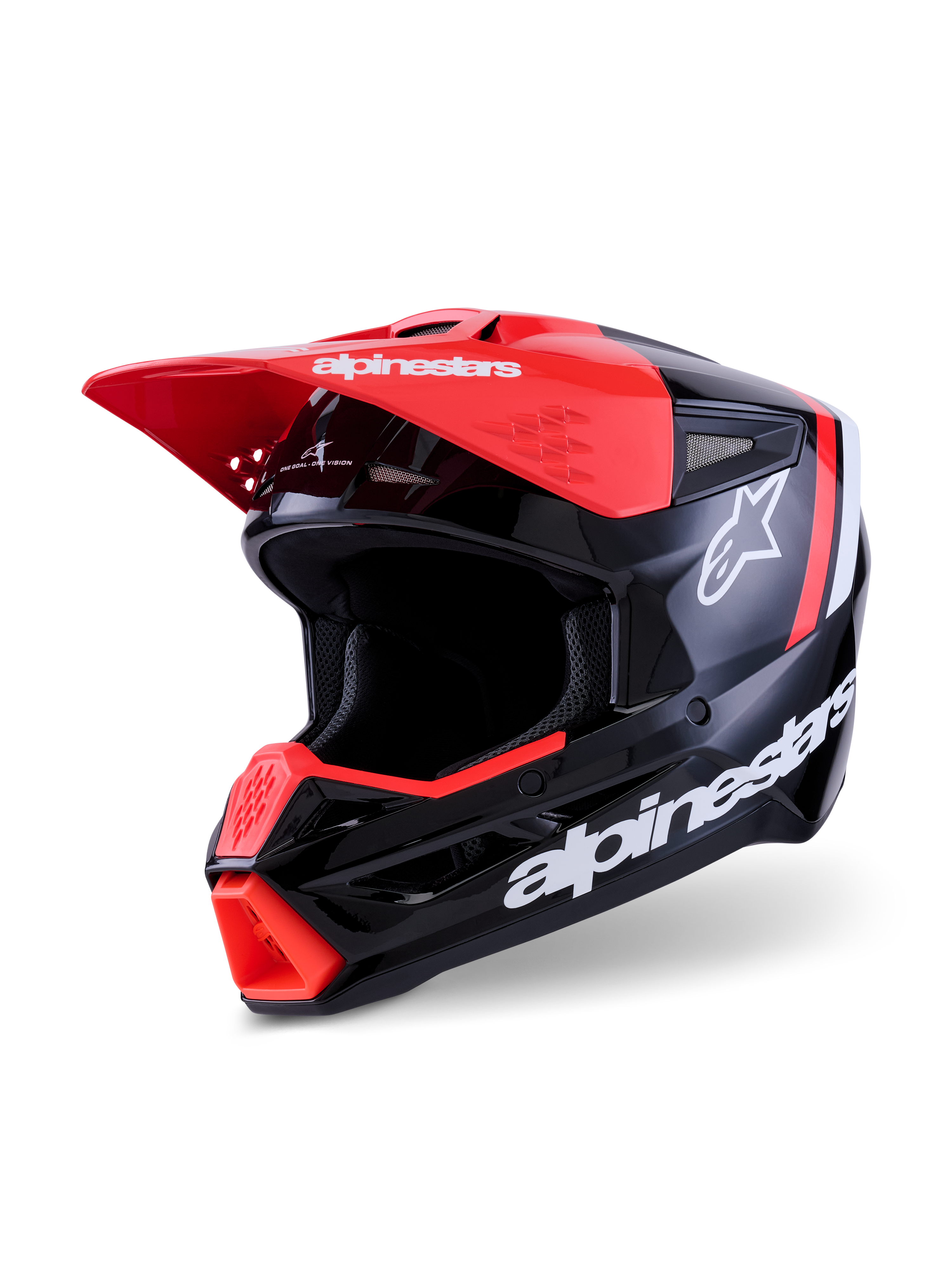 Alpinestars S-M3 Radium Helm, Motocross-Helm, Schwarz, Fluo-Rot und Weiß glänzend, Hochglanz-Finish mit markantem weißem Alpinestars-Branding und Stern-Logo, mit leuchtend rotem Helmschild und Kinnbelüftung, entwickelt für den Offroad-Schutz.