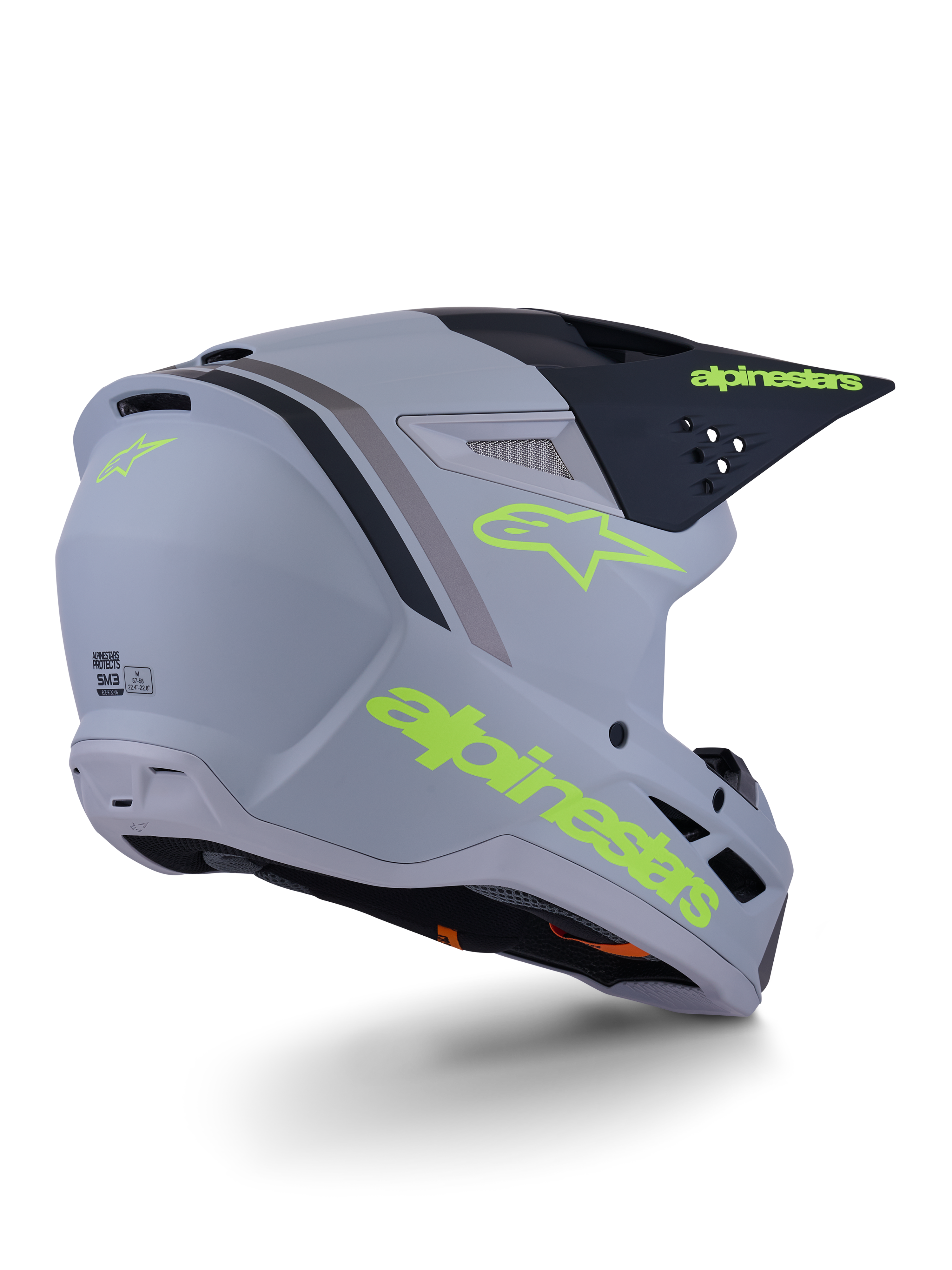 Alpinestars S-M3 Radium Helm, Motocross-Helm, Grau, Schwarz und Gelb Fluo Matt, Fullface-Design mit kantiger Schale, markantes Visier und Belüftungsöffnungen, mattes Finish mit auffälligen Grafiken