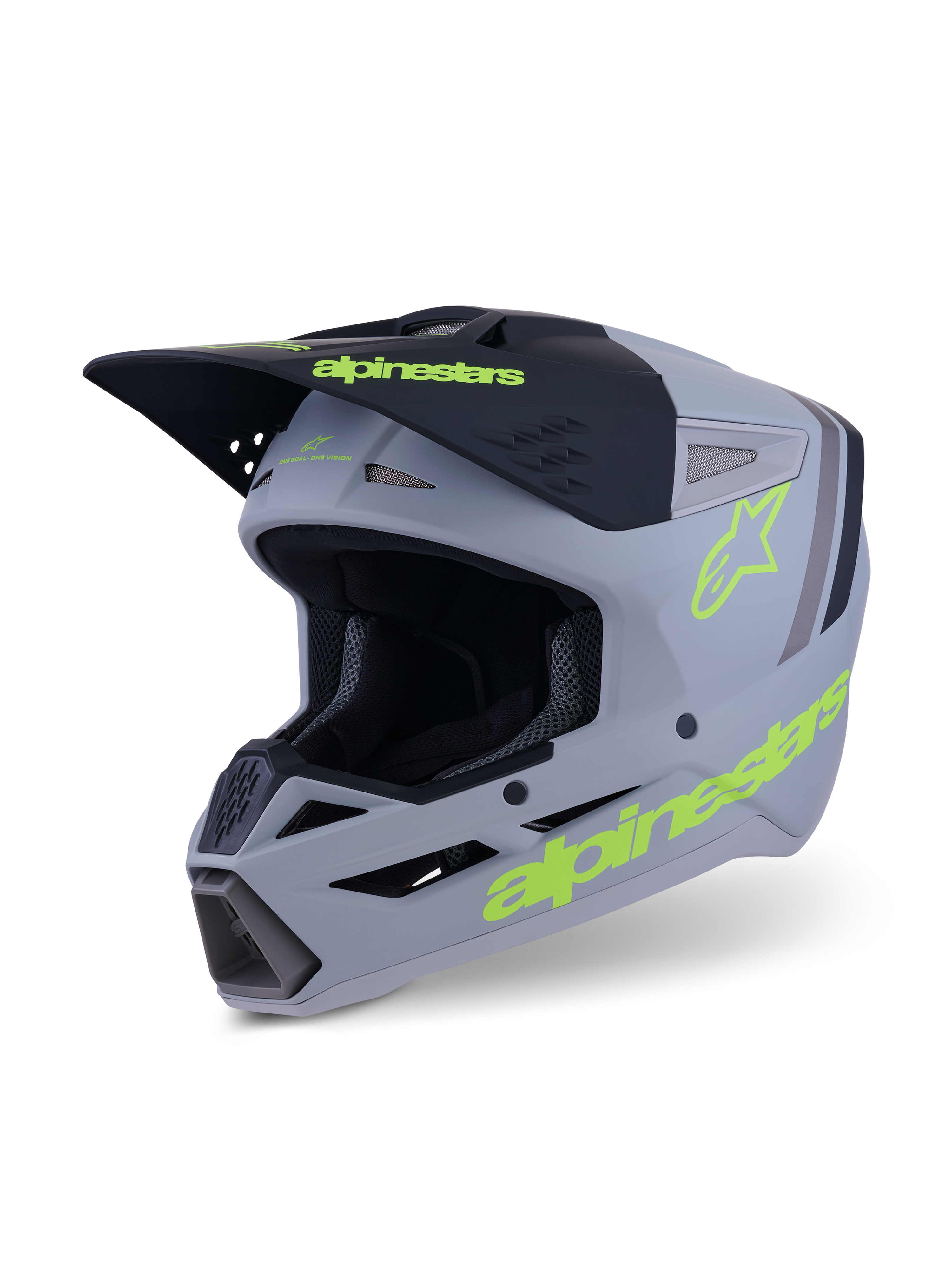Alpinestars S-M3 Radium Helm, Motocross- und Enduro-Helm, Grau, Schwarz und Neongelb Fluo Matt, Dreiviertelansicht mit aggressivem Schalendesign, Belüftungsöffnungen und markanten gelben Logos
