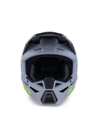Alpinestars S-M3 Radium Helm, Full-Face Motocross-Helm, Mattgrün und Schwarz mit neongelbem Branding, Vorderansicht mit hervorgehobenen Belüftungsöffnungen an Kinn und Stirn sowie einer großen Sichtöffnung, professionelle Offroad-Schutzausrüstung