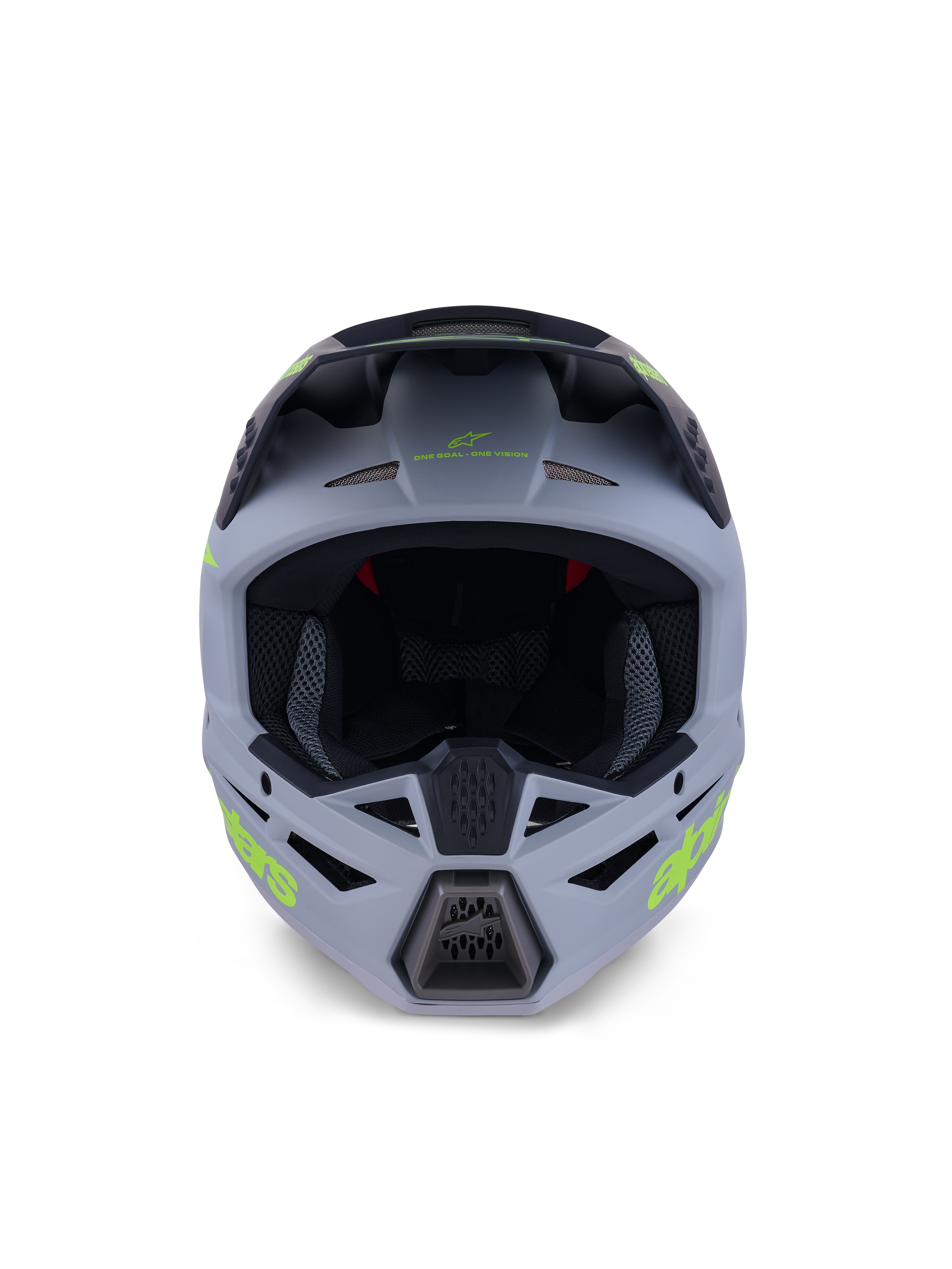 Alpinestars S-M3 Radium Helm, Full-Face Motocross-Helm, Mattgrün und Schwarz mit neongelbem Branding, Vorderansicht mit hervorgehobenen Belüftungsöffnungen an Kinn und Stirn sowie einer großen Sichtöffnung, professionelle Offroad-Schutzausrüstung