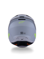 Alpinestars S-M3 Radium Helm, Motocross-Helm, Grün, Schwarz und Gelb Fluo Matt, Rückansicht mit matter Schalenoberfläche, neongelbem Alpinestars-Logo und ECE 22.06-Zertifizierungsdetails.