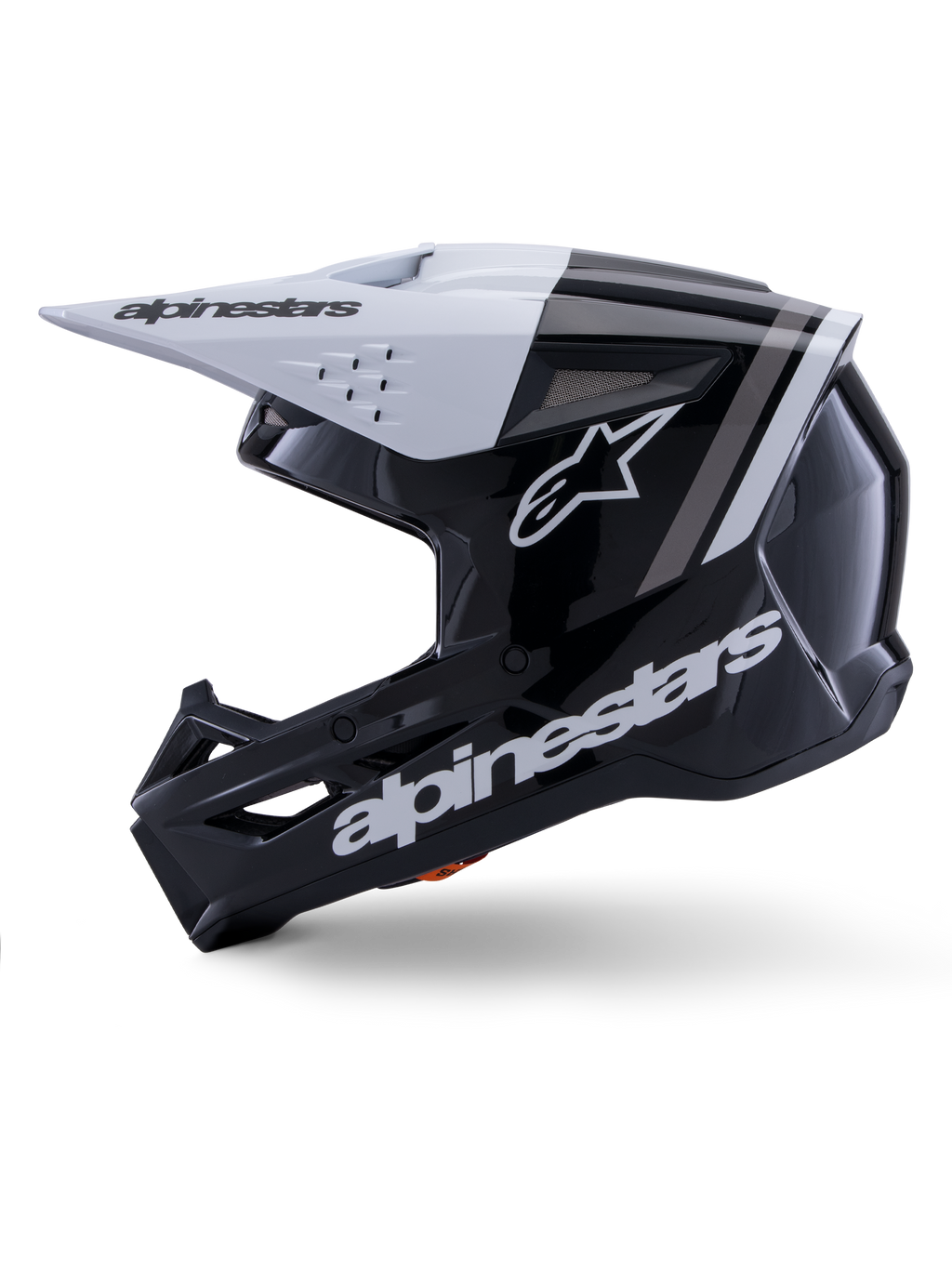 Alpinestars S-M3 Radium Helm ECE 22.06, Motocross-Helm, Seitenansicht, glänzendes schwarz-weißes Finish, graue Rennstreifen, weißes Alpinestars-Logo an der Seite und im Kinnbereich, belüftetes Design für Motocross und Enduro