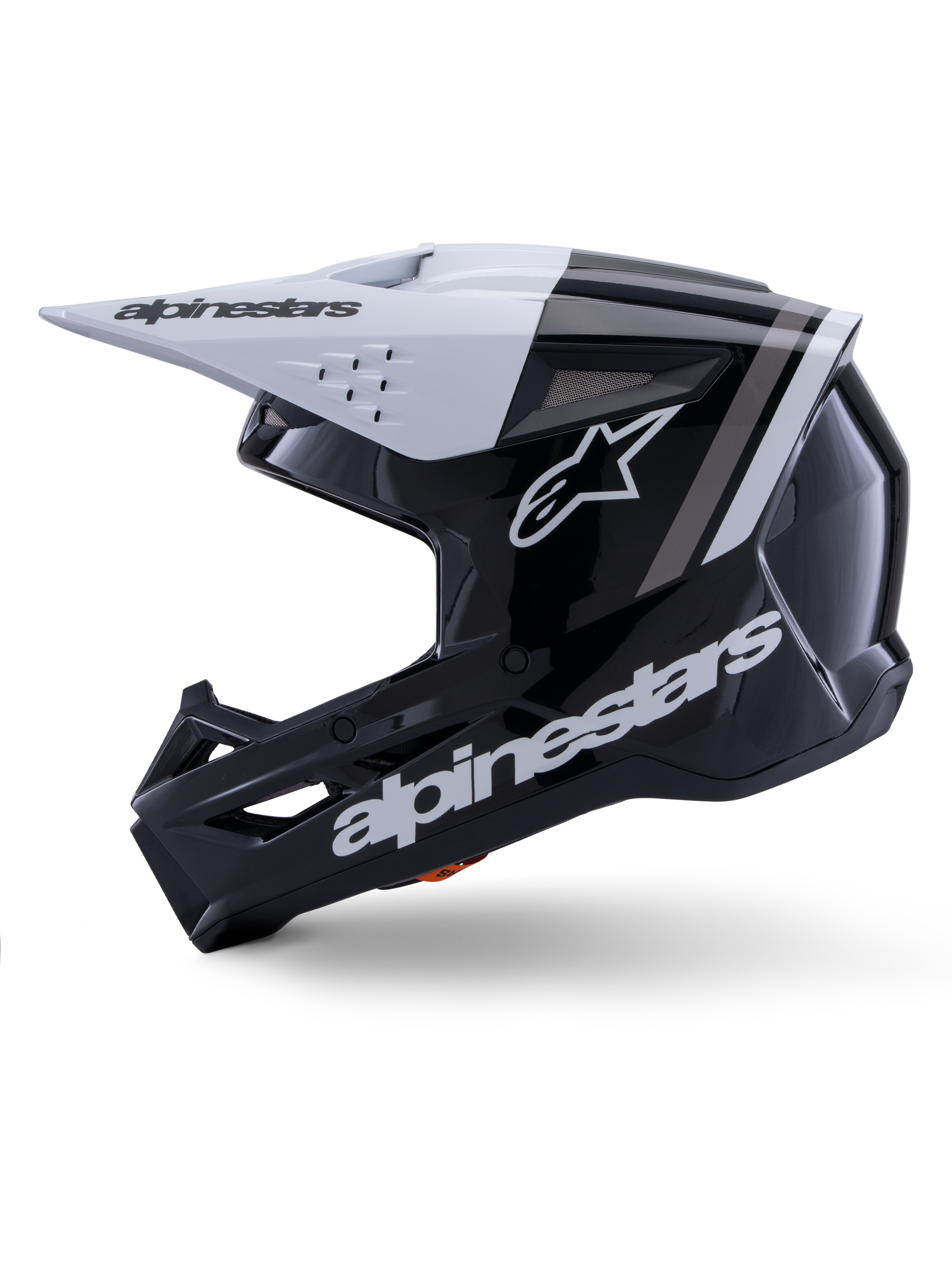 Alpinestars S-M3 Radium Helm ECE 22.06, Motocross-Helm, Seitenansicht, glänzendes schwarz-weißes Finish, graue Rennstreifen, weißes Alpinestars-Logo an der Seite und im Kinnbereich, belüftetes Design für Motocross und Enduro