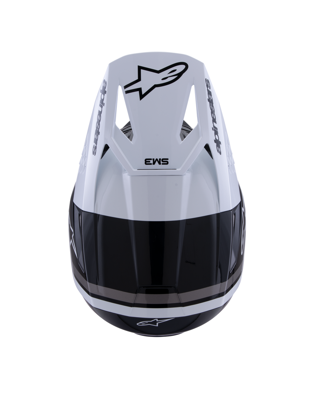 Alpinestars S-M3 Radium Helm, Motocross-Helm, Schwarz, Weiß und Grau glänzend, Draufsicht mit weißem Visier, schwarzem Astar-Logo und SM3-Branding, elegantes glänzendes Finish mit Belüftungsöffnungen, Hochleistungs-Offroad-Kopfschutz