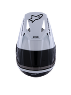 Alpinestars S-M3 Radium Helm, Motocross-Helm, Schwarz, Weiß und Grau glänzend, Draufsicht mit weißem Visier, schwarzem Astar-Logo und SM3-Branding, elegantes glänzendes Finish mit Belüftungsöffnungen, Hochleistungs-Offroad-Kopfschutz