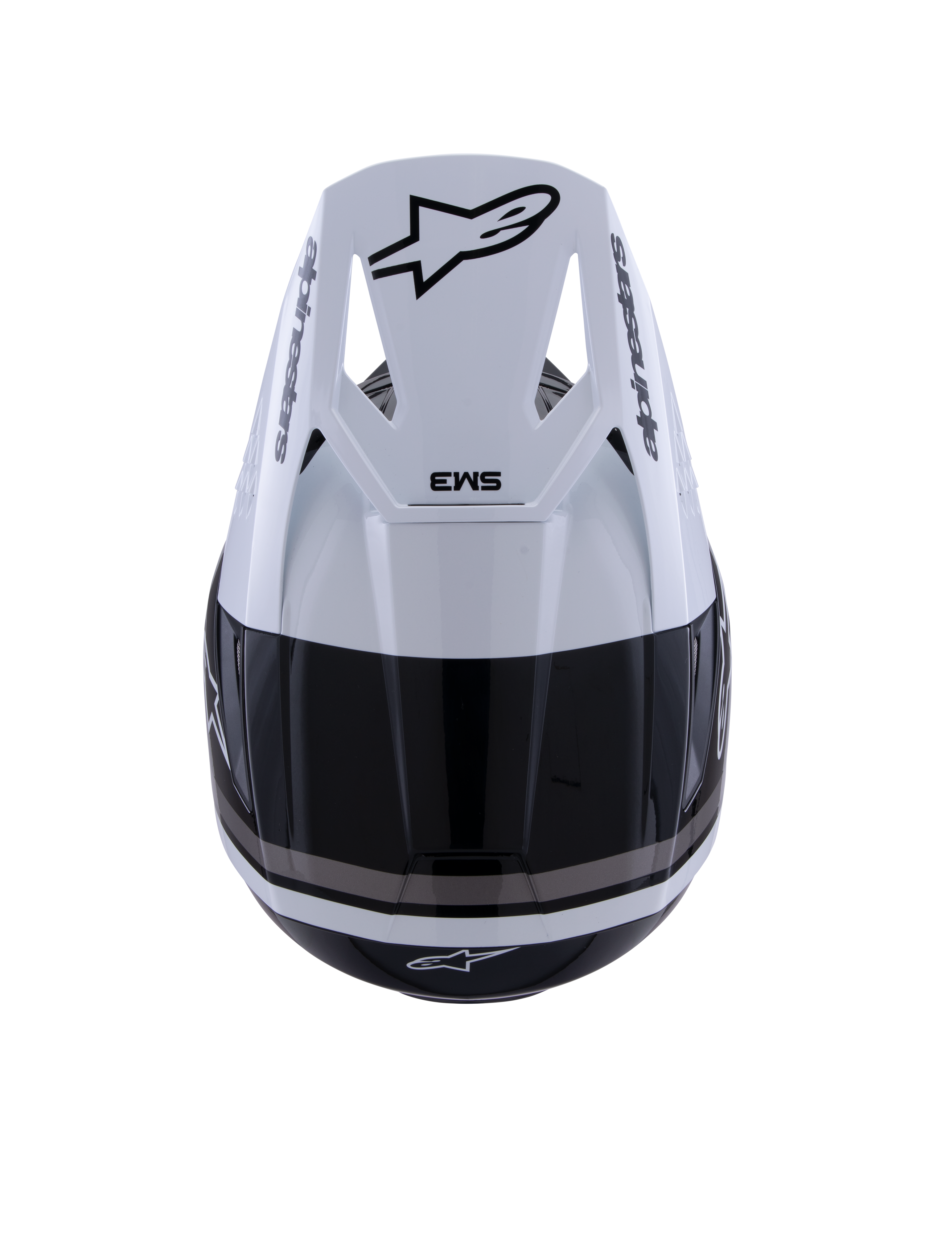 Alpinestars S-M3 Radium Helm, Motocross-Helm, Schwarz, Weiß und Grau glänzend, Draufsicht mit weißem Visier, schwarzem Astar-Logo und SM3-Branding, elegantes glänzendes Finish mit Belüftungsöffnungen, Hochleistungs-Offroad-Kopfschutz
