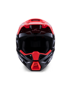 Alpinestars S-M3 Radium Helm ECE 22.06, Motocross-Helm, Glänzend Schwarz mit fluoreszierend roten und weißen Akzenten, Vorderansicht mit aerodynamischer Schale, integriertem Visier und schützendem Kinnbügel mit auffälligem Alpinestars-Branding.