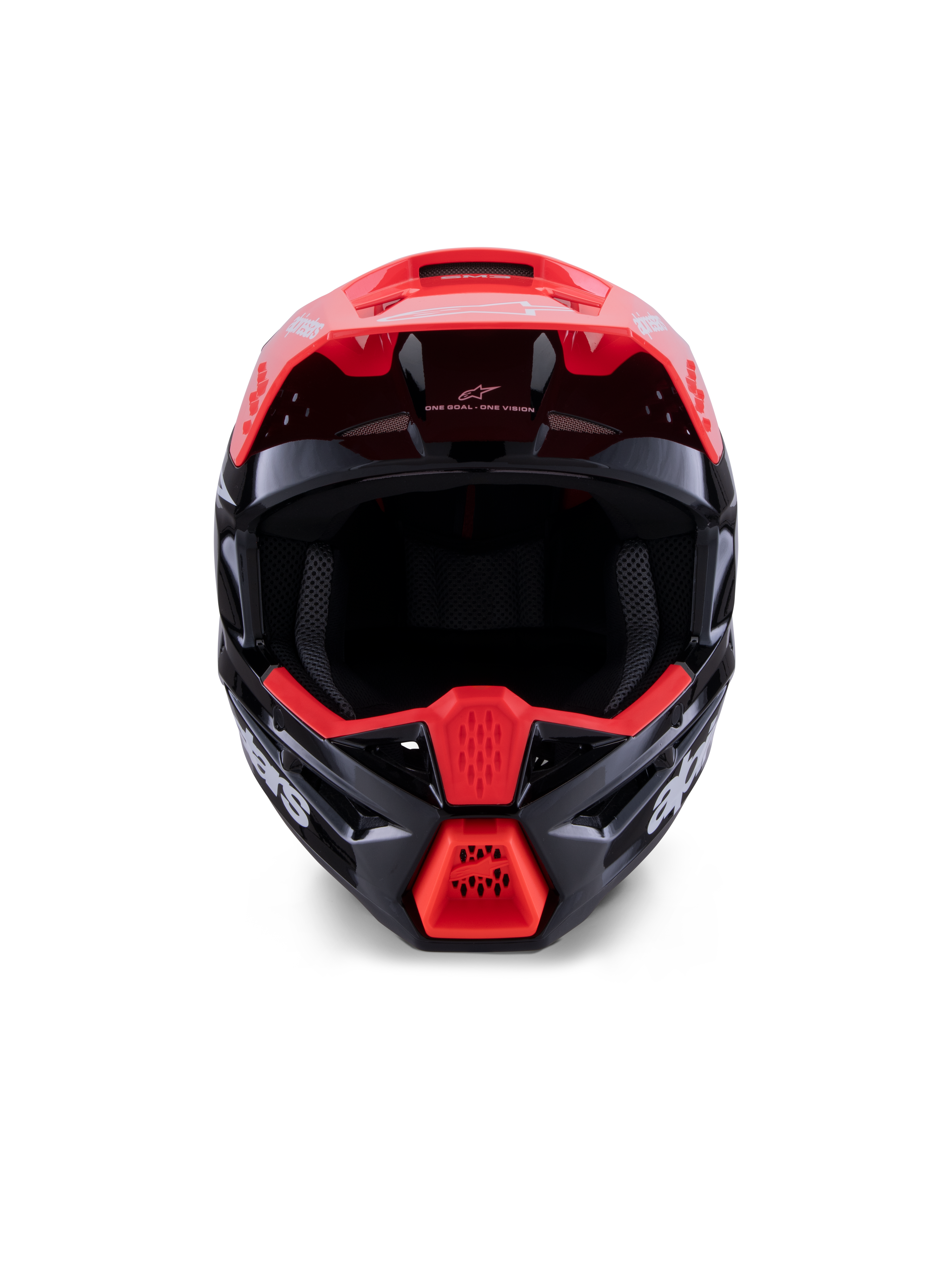 Alpinestars S-M3 Radium Helm ECE 22.06, Motocross-Helm, Glänzend Schwarz mit fluoreszierend roten und weißen Akzenten, Vorderansicht mit aerodynamischer Schale, integriertem Visier und schützendem Kinnbügel mit auffälligem Alpinestars-Branding.