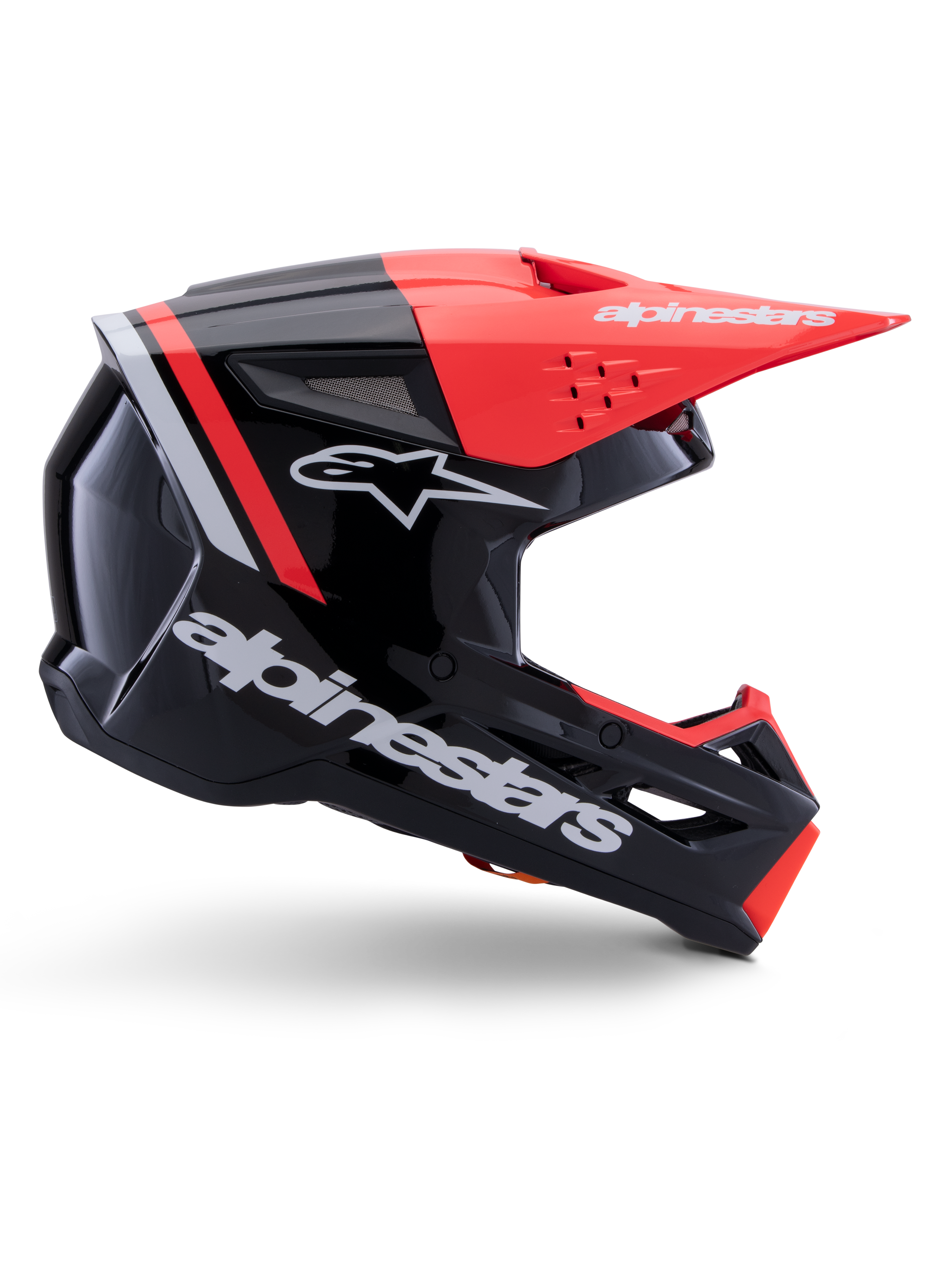 Alpinestars S-M3 Radium Helm, Motocross-Helm, Schwarz, Fluo-Rot und Weiß glänzend, mit aerodynamischem Design, angewinkeltem Visier, Belüftungsöffnungen und glänzendem Finish, erstklassiger Motorsport-Schutz