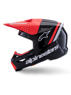 Alpinestars S-M3 Radium Helm, Motocross-Helm, Schwarz, Rot Fluo und Weiß Glänzend, Seitenprofilansicht, mit großem weißen Alpinestars-Branding und Stern-Logo, Akzente in fluoreszierendem Rot an Helmschild und Kinnbügel, glänzendes Finish, entwickelt für MX- und Enduro-Offroad-Fahrten.