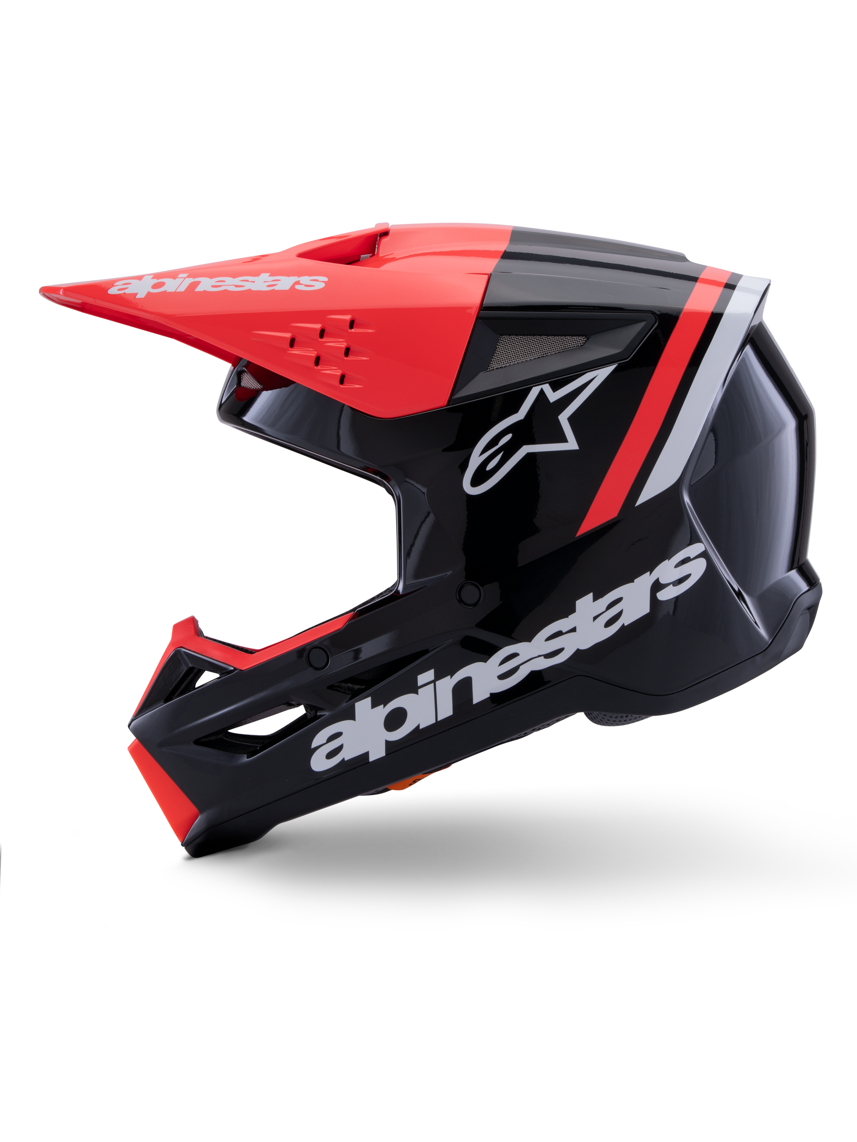 Alpinestars S-M3 Radium Helm, Motocross-Helm, Schwarz, Rot Fluo und Weiß Glänzend, Seitenprofilansicht, mit großem weißen Alpinestars-Branding und Stern-Logo, Akzente in fluoreszierendem Rot an Helmschild und Kinnbügel, glänzendes Finish, entwickelt für MX- und Enduro-Offroad-Fahrten.