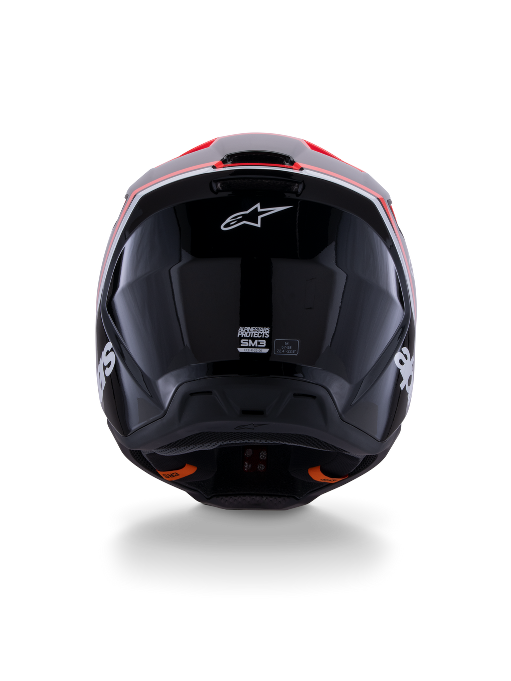 Alpinestars S-M3 Radium Helm ECE 22.06, Motocross-Helm, Schwarz Glänzend mit Akzenten in Rot Fluo und Weiß, Rückansicht mit aerodynamischem Schalendesign, weißem Stern-Logo und Zertifizierungsaufklebern.