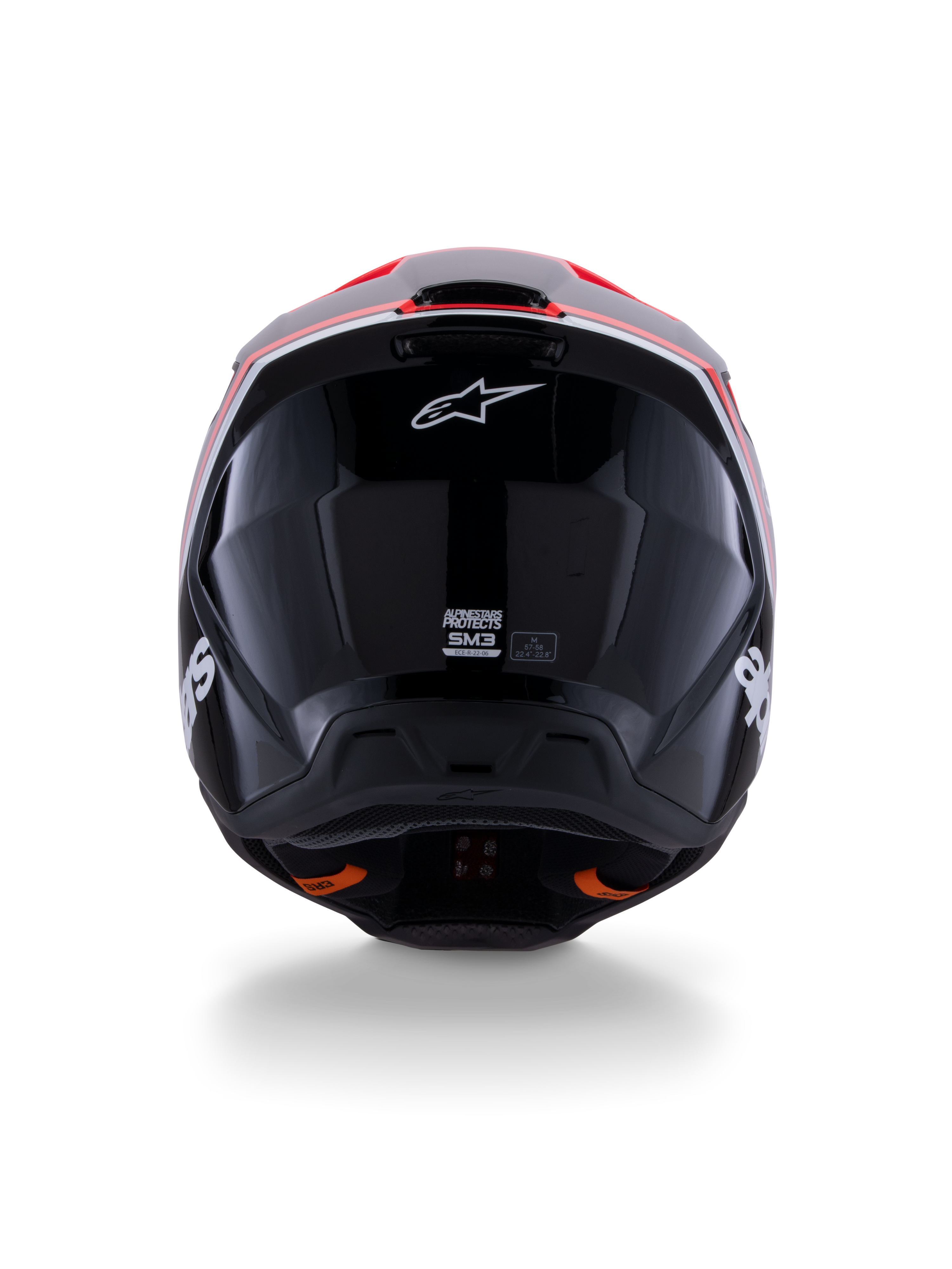 Alpinestars S-M3 Radium Helm ECE 22.06, Motocross-Helm, Schwarz Glänzend mit Akzenten in Rot Fluo und Weiß, Rückansicht mit aerodynamischem Schalendesign, weißem Stern-Logo und Zertifizierungsaufklebern.