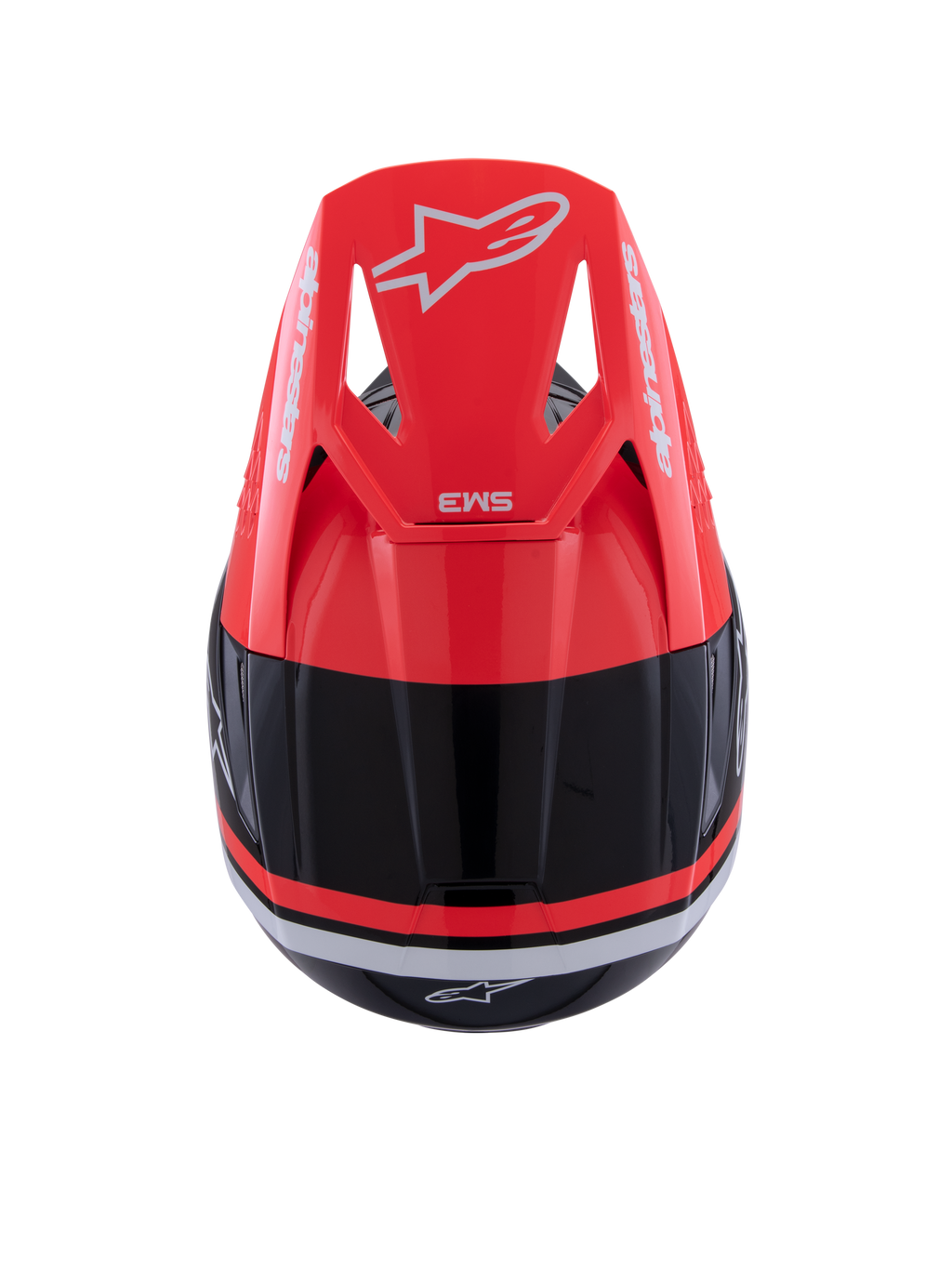 Alpinestars S-M3 Radium Helm, Motocross-Helm, Schwarz, Neonrot und Weiß glänzend, Draufsicht mit neonrotem Visier, weißem Alpinestars-Branding und elegantem aerodynamischem Design.