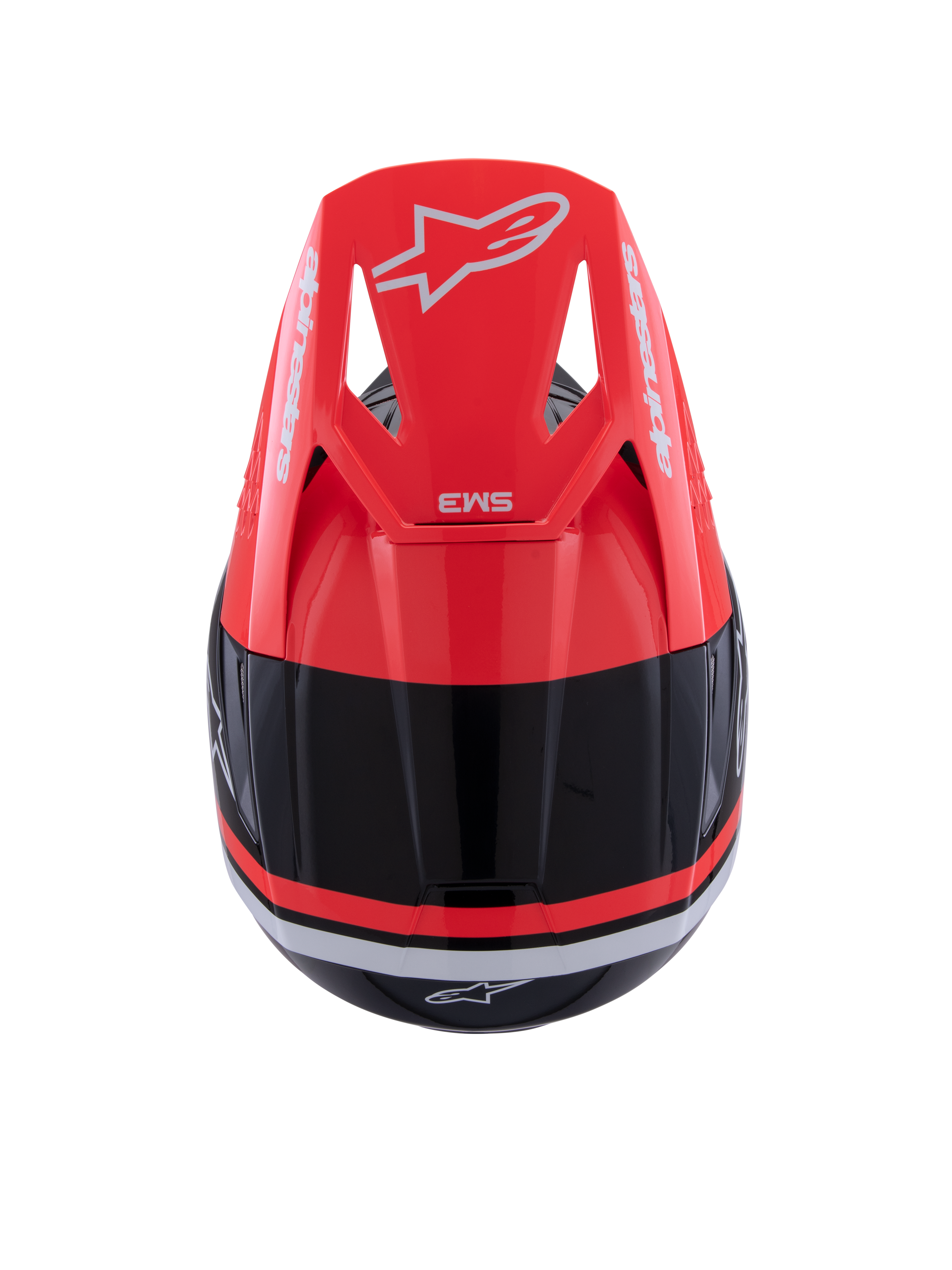 Alpinestars S-M3 Radium Helm, Motocross-Helm, Schwarz, Neonrot und Weiß glänzend, Draufsicht mit neonrotem Visier, weißem Alpinestars-Branding und elegantem aerodynamischem Design.