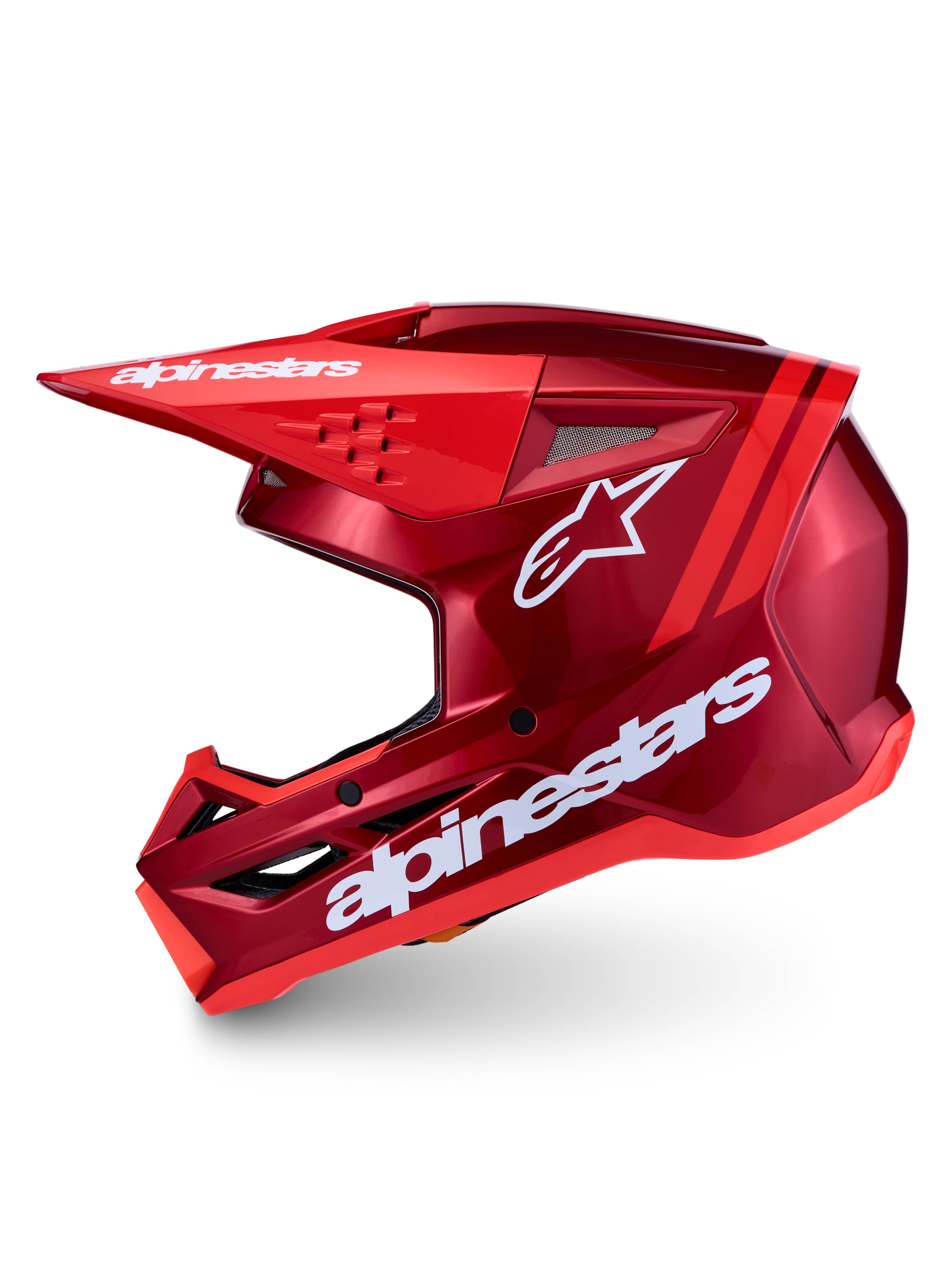 Alpinestars SM3 Radium Helm ECE06, Motocross-Helm in Rot und Weiß, ECE 22.06 zertifiziert, aerodynamische Form mit Belüftungsschlitzen für Offroad-Einsätze.