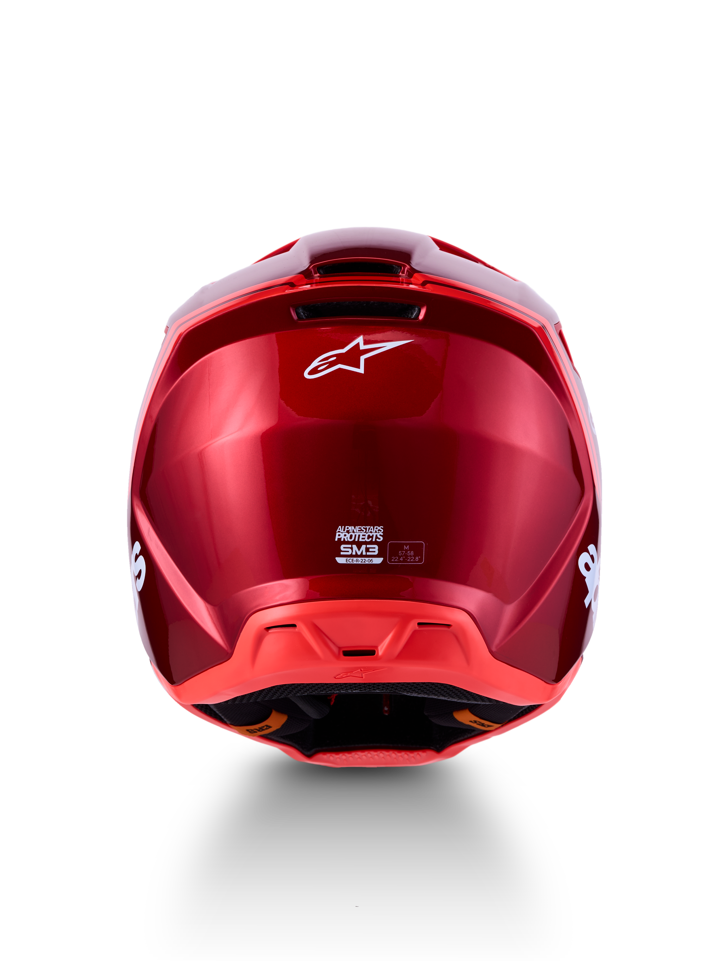 Alpinestars SM3 Radium Helm, Rückansicht in glänzendem Rot und Fluo-Rot, Motocross-Helm mit ECE 22.06-Zertifizierung.