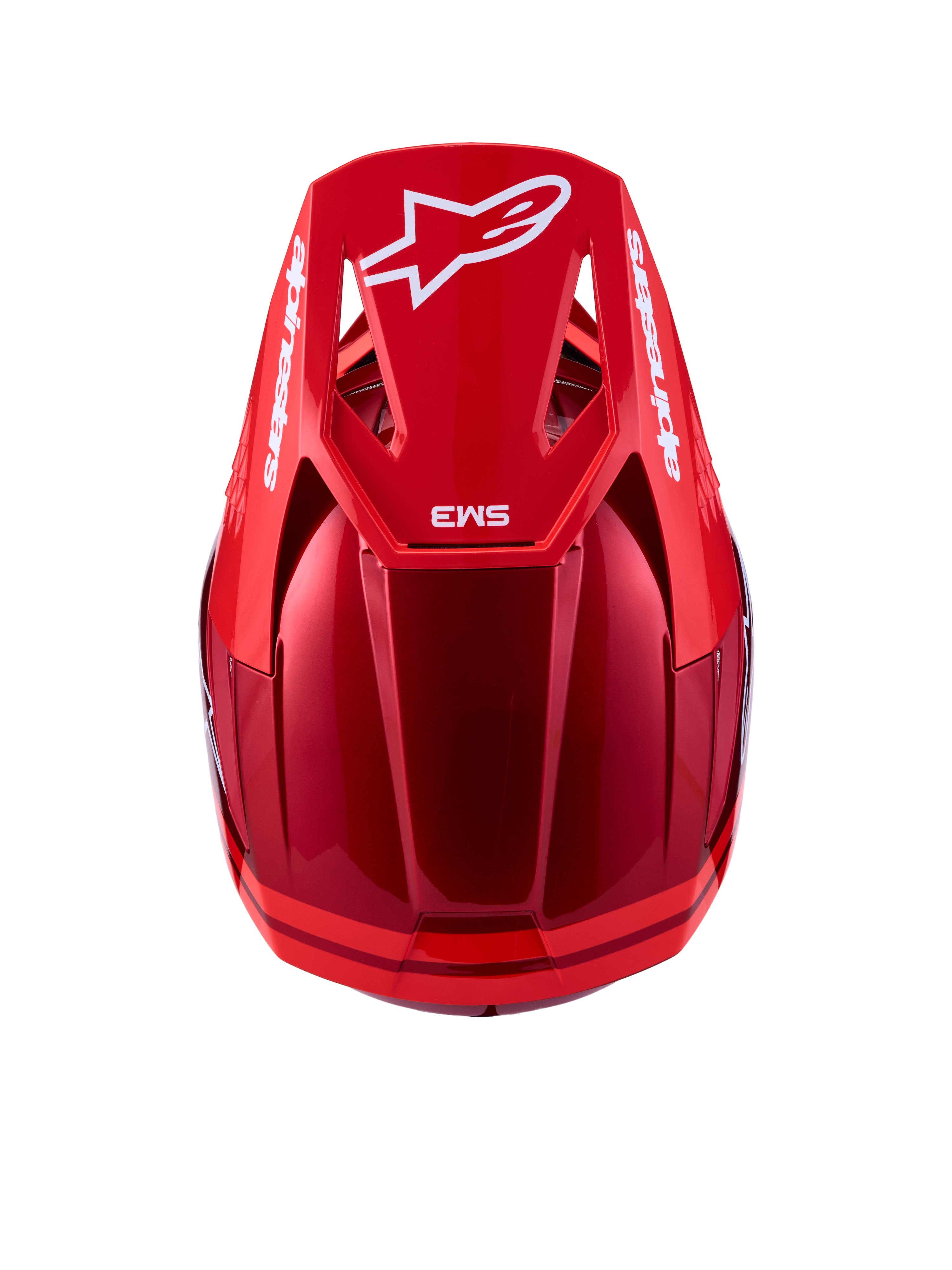 Alpinestars SM3 Radium Helm ECE06, Motocross-Helm in Rot und Weiß, Draufsicht auf das Visier, ECE-zertifiziert.