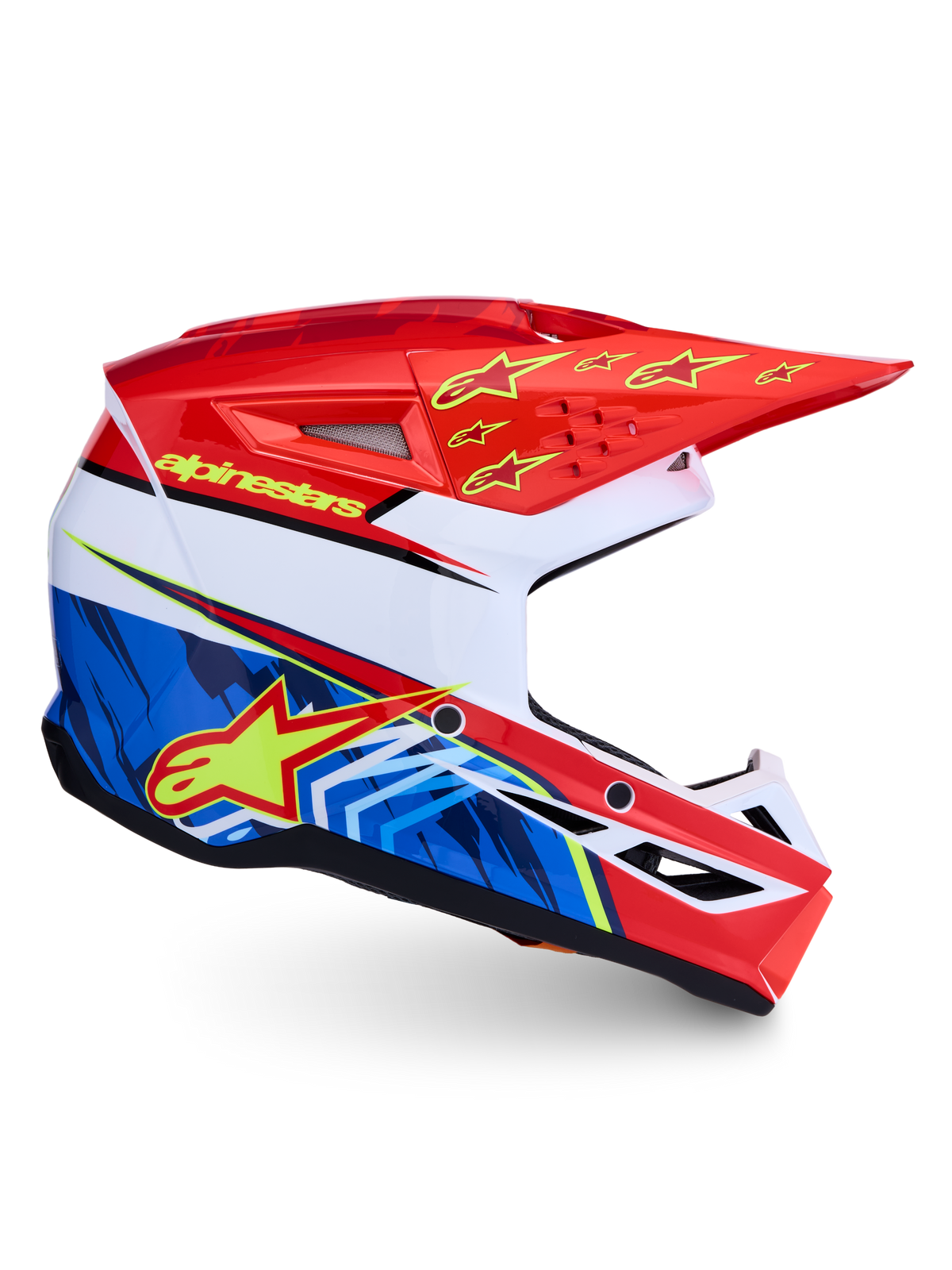 Alpinestars SM3 Falcon Motocross-Helm, Rot und Blau mit grafischem Design, ECE 22.06 zertifizierter Offroad-Schutz.
