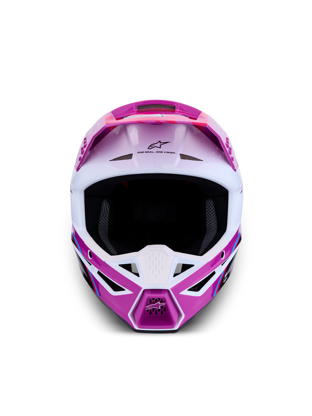 Alpinestars SM3 Falcon Helm ECE06, Motocross-Helm für Offroad-Schutz, Frontalansicht, Lila und Weiß, fortschrittliches Belüftungssystem, ECE-zertifiziert.