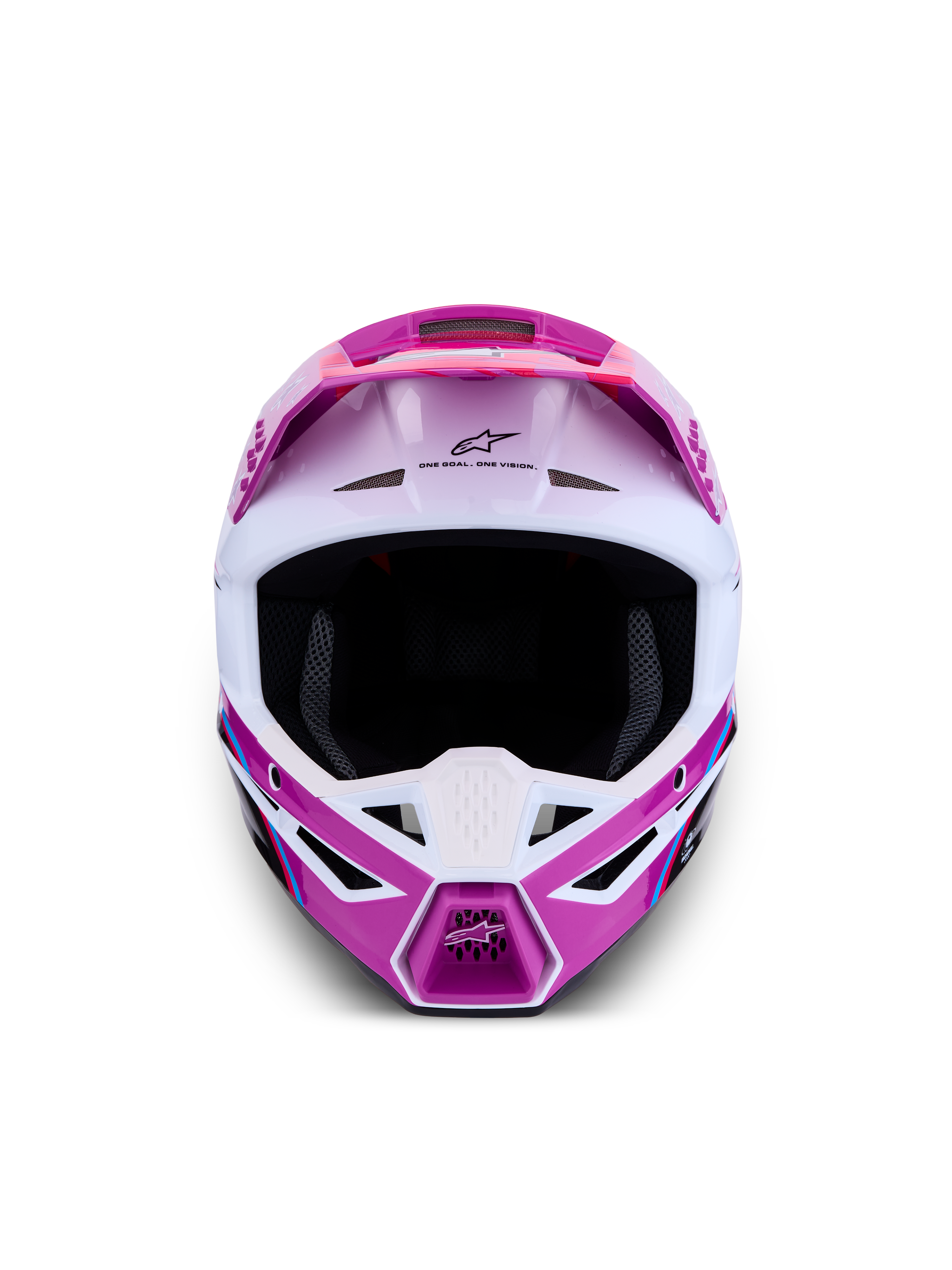 Alpinestars SM3 Falcon Helm ECE06, Motocross-Helm für Offroad-Schutz, Frontalansicht, Lila und Weiß, fortschrittliches Belüftungssystem, ECE-zertifiziert.
