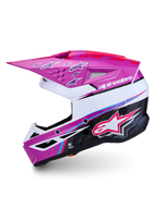 Alpinestars SM3 Falcon Helm ECE06, glänzender Motocross-Helm in Lila und Weiß mit Belüftung und Aufprallschutz.