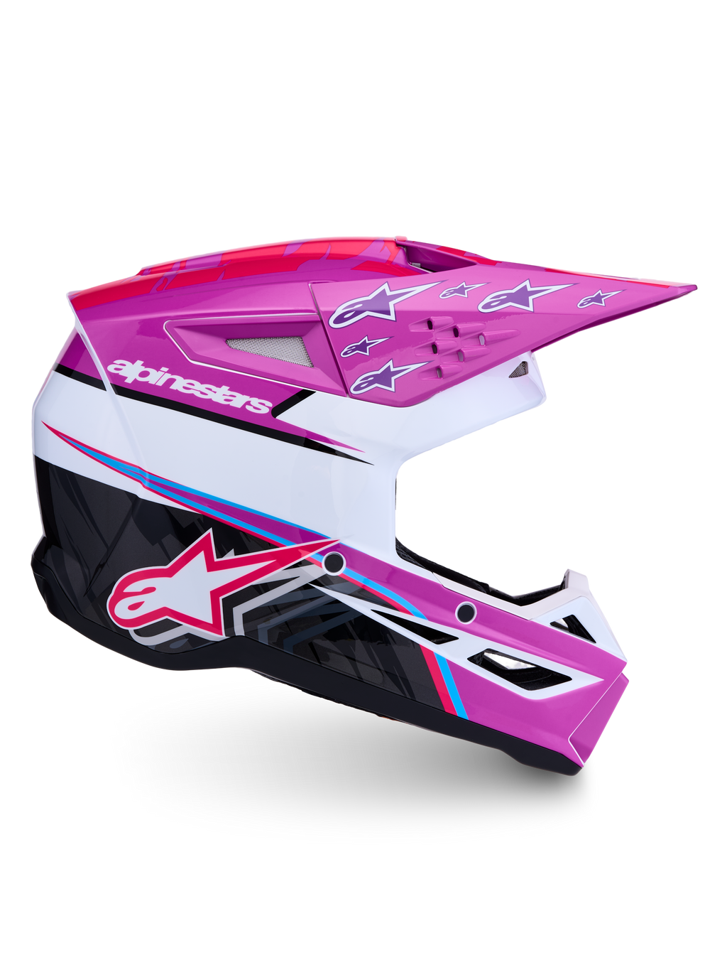 Alpinestars SM3 Falcon Helm ECE06, professioneller Motocrosshelm für Offroad-Sport, Lila und Weiß mit auffälligen neonrosa Akzenten, ECE-zertifiziert, seitliche Profilansicht