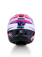 Alpinestars SM3 Falcon Helm ECE06, Motocross-Helm in Lila und Weiß, boxende Krähen-Grafik rückseitig, ECE-zertifiziert.
