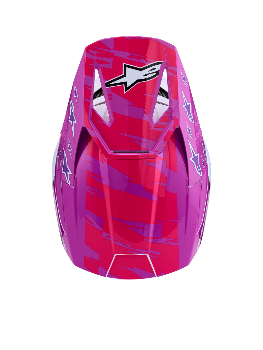 Alpinestars SM3 Falcon Helm ECE06, Motocross-Helm, Pink und Lila mit weißen Logo-Grafiken, Draufsicht auf das obere Visier.