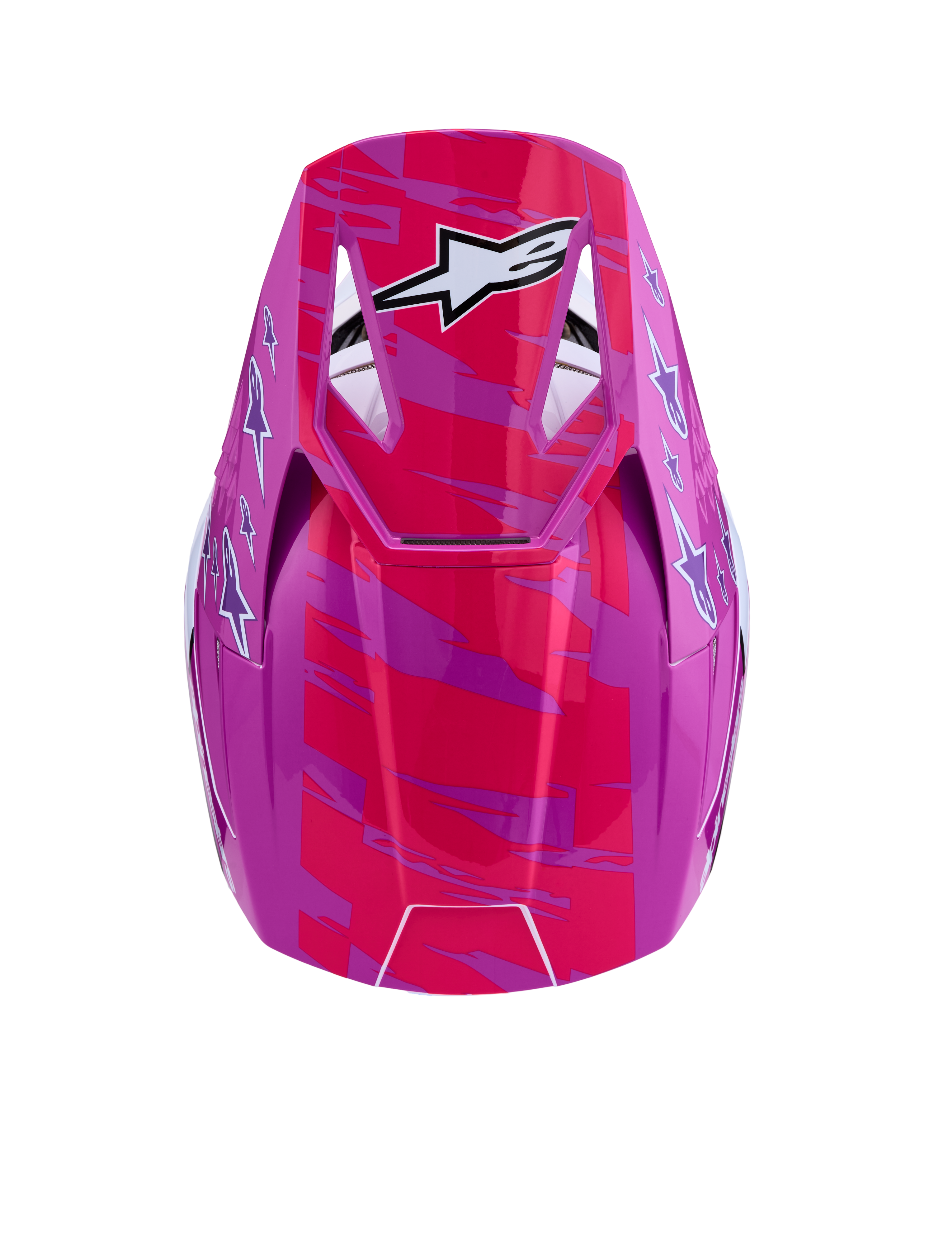 Alpinestars SM3 Falcon Helm ECE06, Motocross-Helm, Pink und Lila mit weißen Logo-Grafiken, Draufsicht auf das obere Visier.