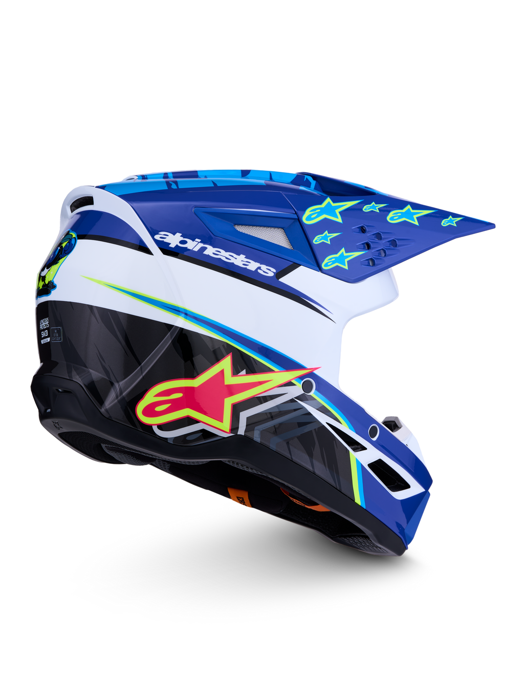 Alpinestars SM3 Helm Falcon ECE06, Motocross-Helm in Blau, Weiß und Schwarz mit fluo-gelben Akzenten und glänzendem Finish.