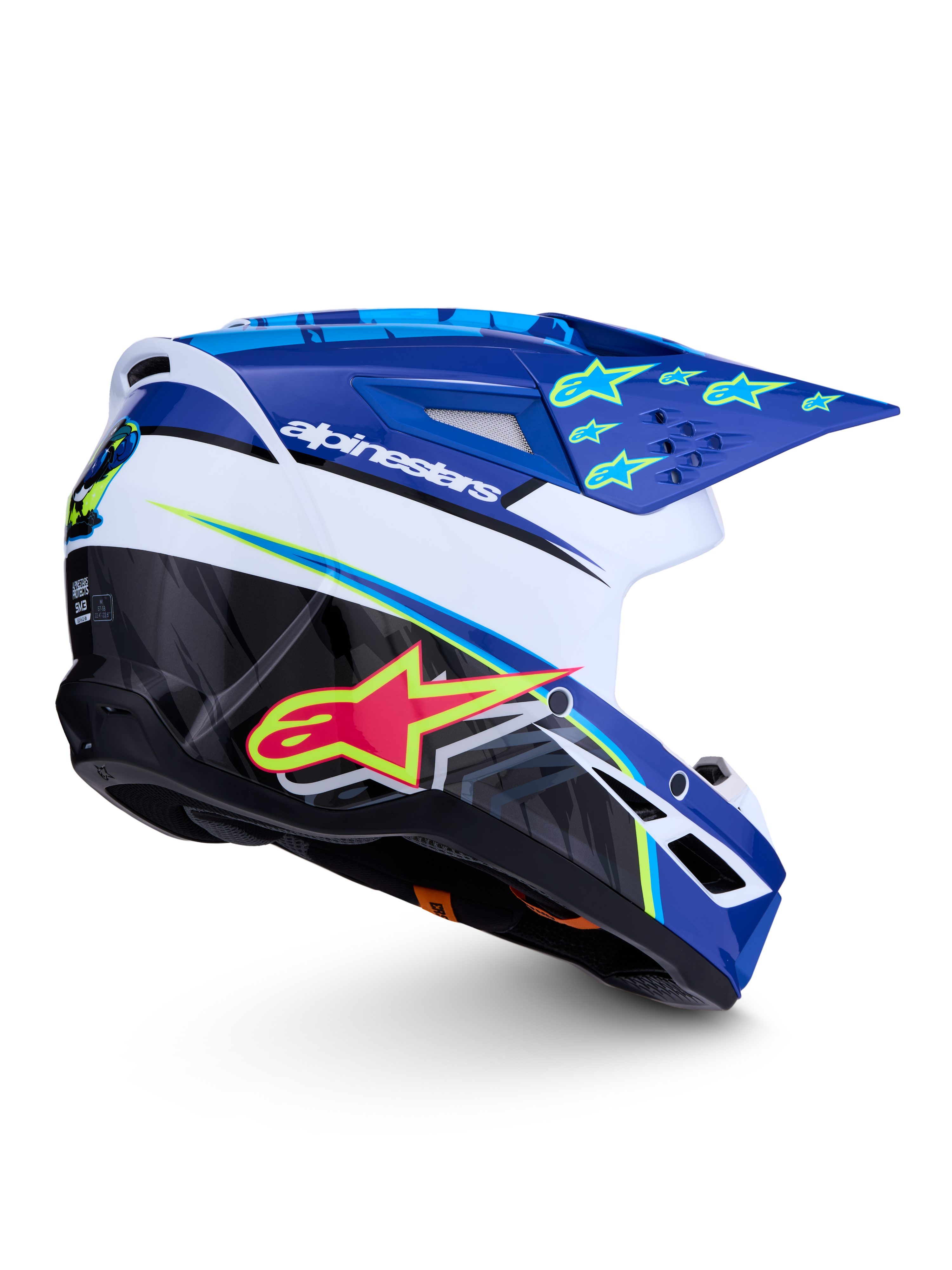 Alpinestars SM3 Helm Falcon ECE06, Motocross-Helm in Blau, Weiß und Schwarz mit fluo-gelben Akzenten und glänzendem Finish.