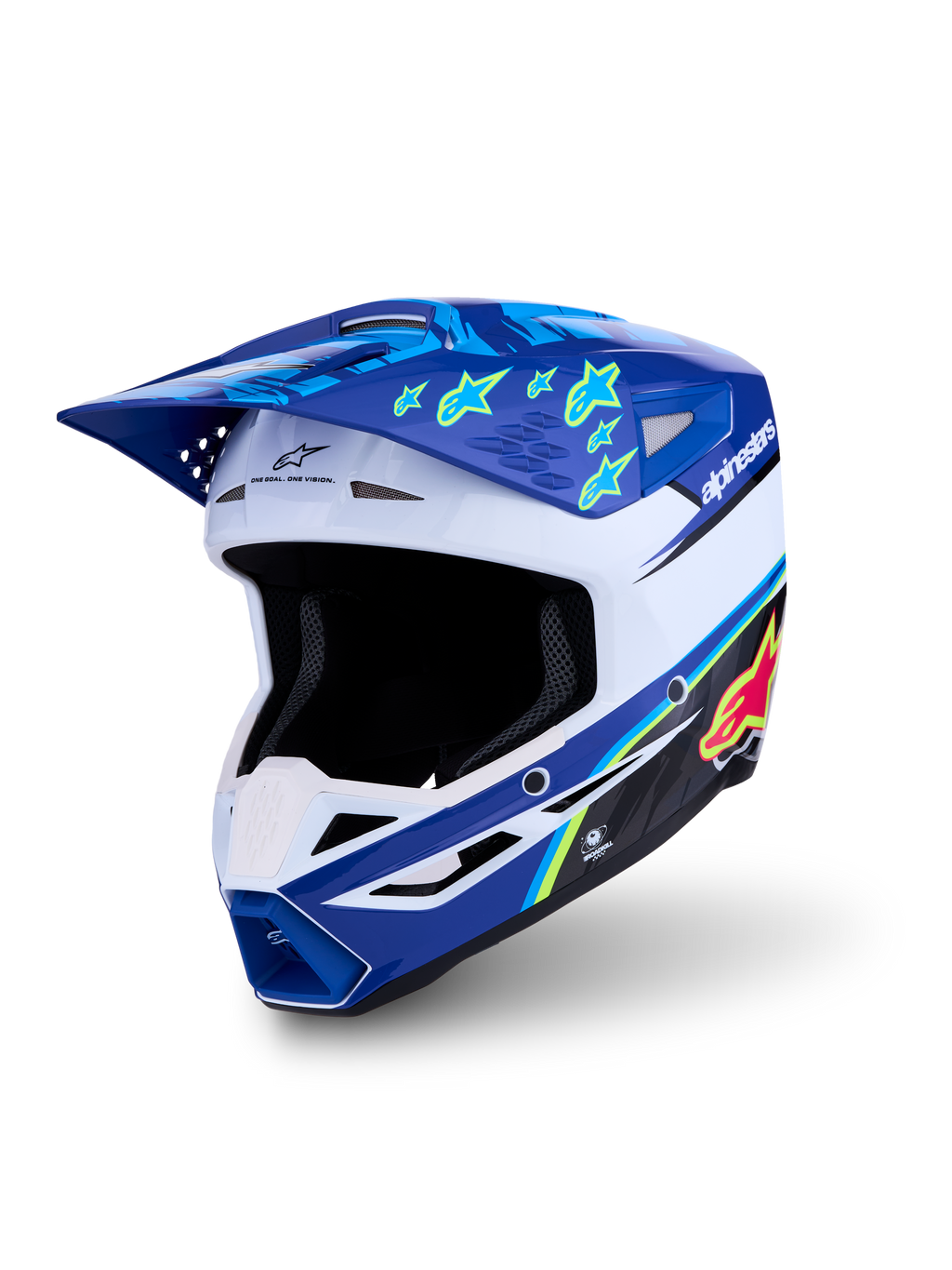 Alpinestars SM3 Helm Falcon ECE06, Motocross-Helm, Blau und Weiß, gelbe Sterngrafiken, ECE 22.06-zertifiziert