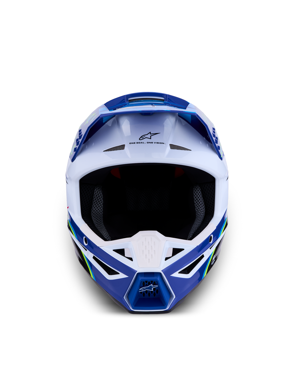Alpinestars SM3 Helm Falcon ECE06, Motocross-Helm in Blau und Weiß, Offroad-Schutz, ECE 2206-zertifiziert, Frontalansicht mit Belüftungsschlitzen und Alpinestars-Logo.