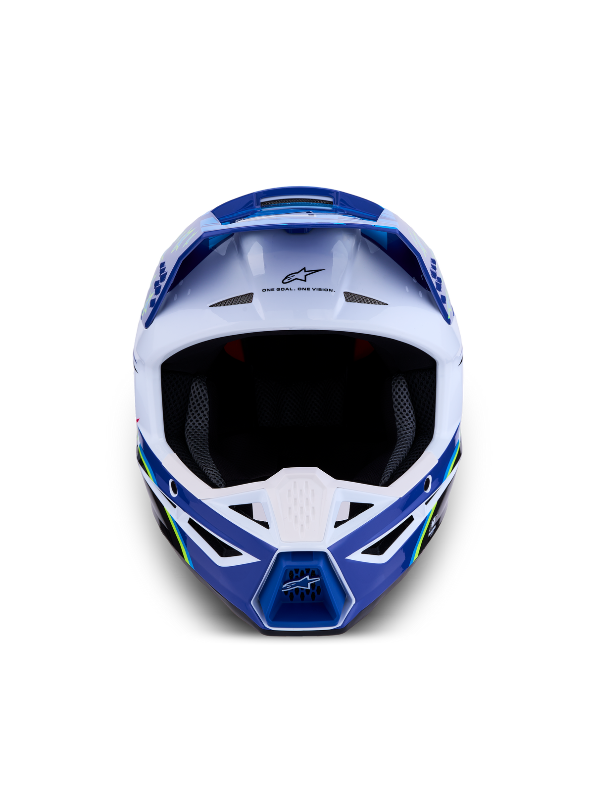 Alpinestars SM3 Helm Falcon ECE06, Motocross-Helm in Blau und Weiß, Offroad-Schutz, ECE 2206-zertifiziert, Frontalansicht mit Belüftungsschlitzen und Alpinestars-Logo.