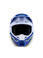 Alpinestars SM3 Helm Falcon ECE06, Motocross-Helm in Blau und Weiß, Offroad-Schutz, ECE 2206-zertifiziert, Frontalansicht mit Belüftungsschlitzen und Alpinestars-Logo.