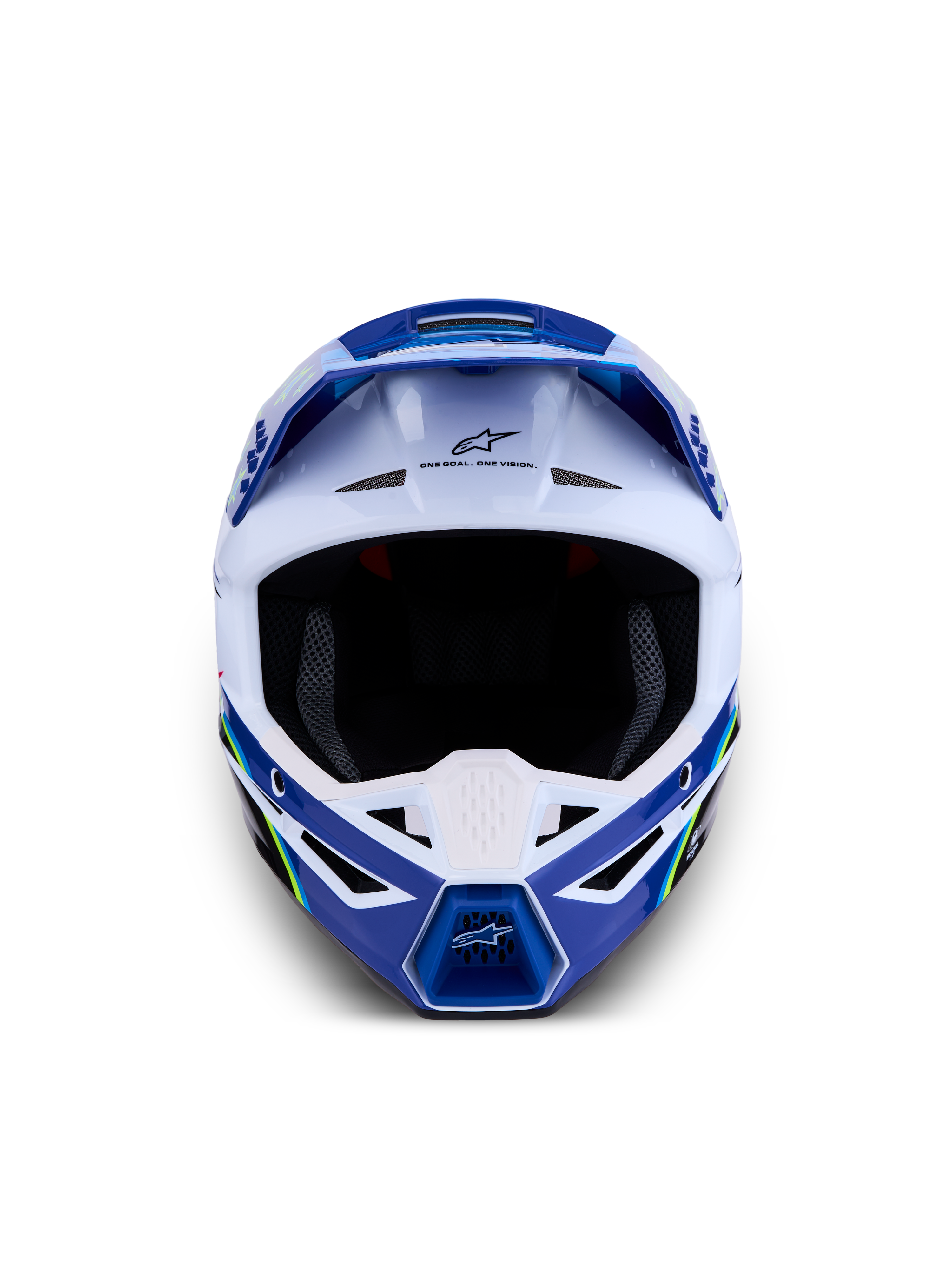 Alpinestars SM3 Helm Falcon ECE06, Motocross-Helm in Blau und Weiß, Offroad-Schutz, ECE 2206-zertifiziert, Frontalansicht mit Belüftungsschlitzen und Alpinestars-Logo.